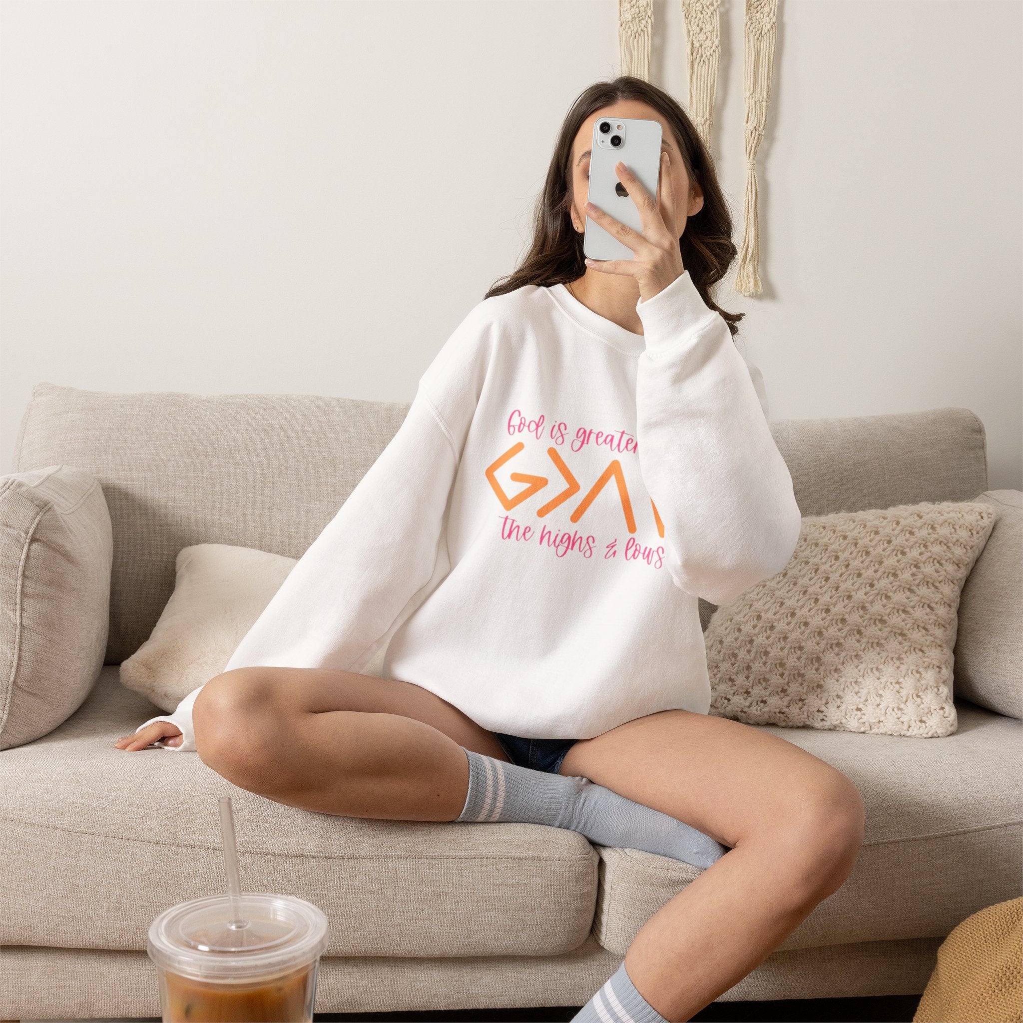 Christian Crewneck Sweatshirt — "God Is Greater Than The Highs & Lows" Inspirational Pullover