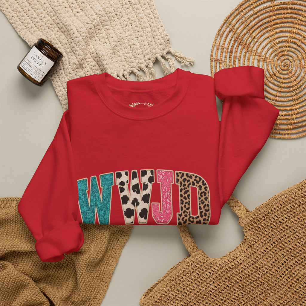 WJJD Patterned Letter Crewneck Sweatshirt — Leopard & Turquoise Accent