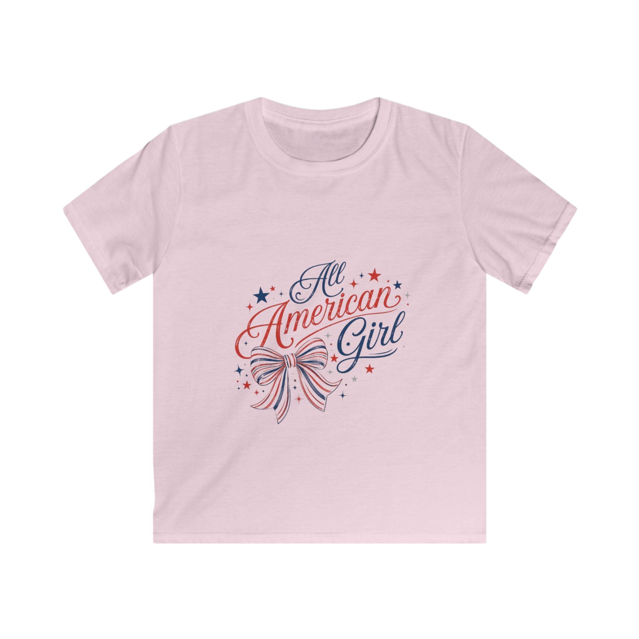 All American Girl Kids Tee – Patriotic 4th of July Shirt with Red White Blue Bow