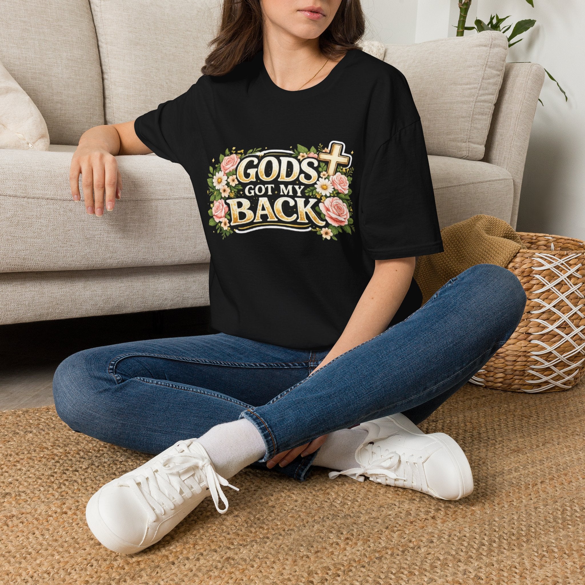 Faith T-Shirt — "God's Got My Back" Floral Cross Christian Tee
