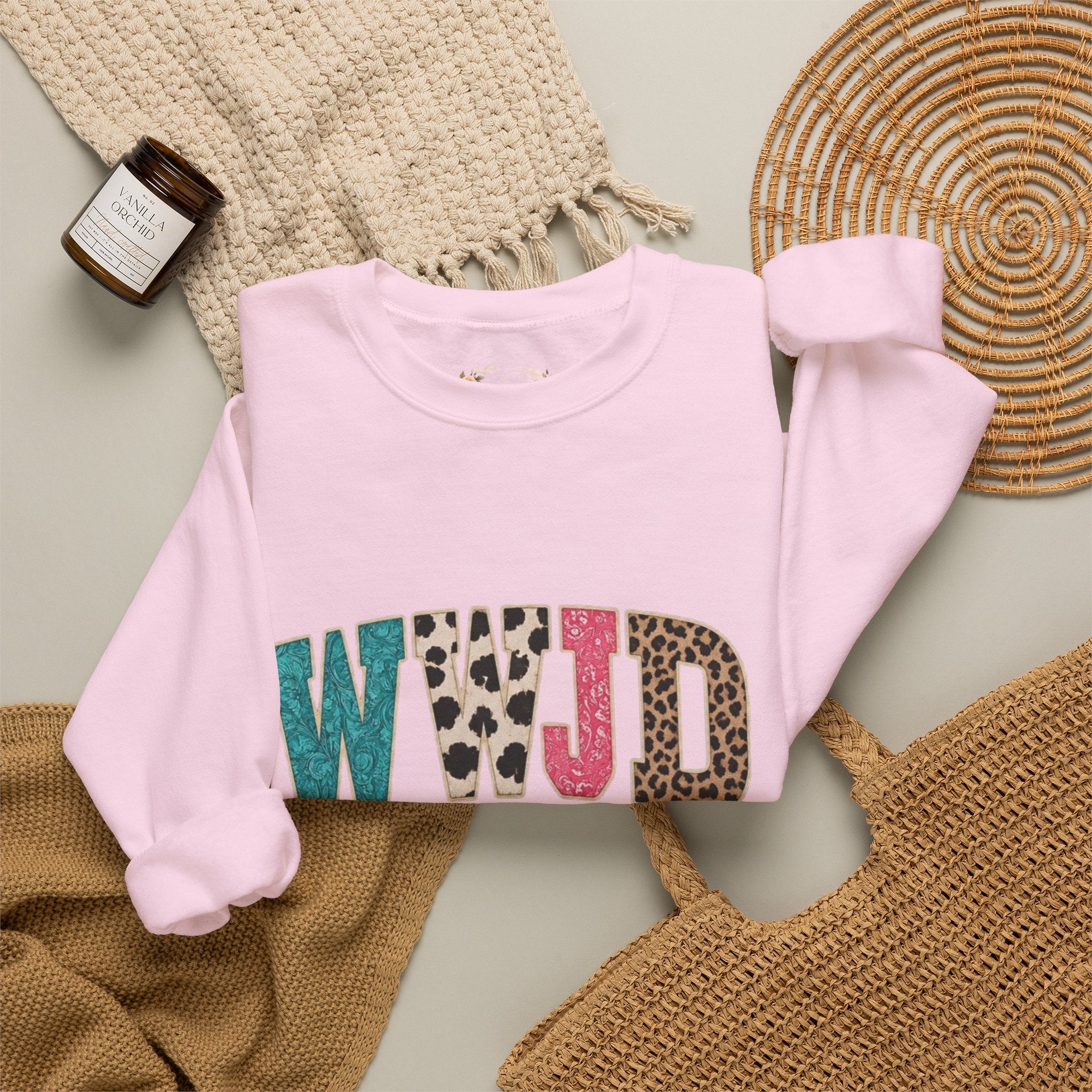 WJJD Patterned Letter Crewneck Sweatshirt — Leopard & Turquoise Accent