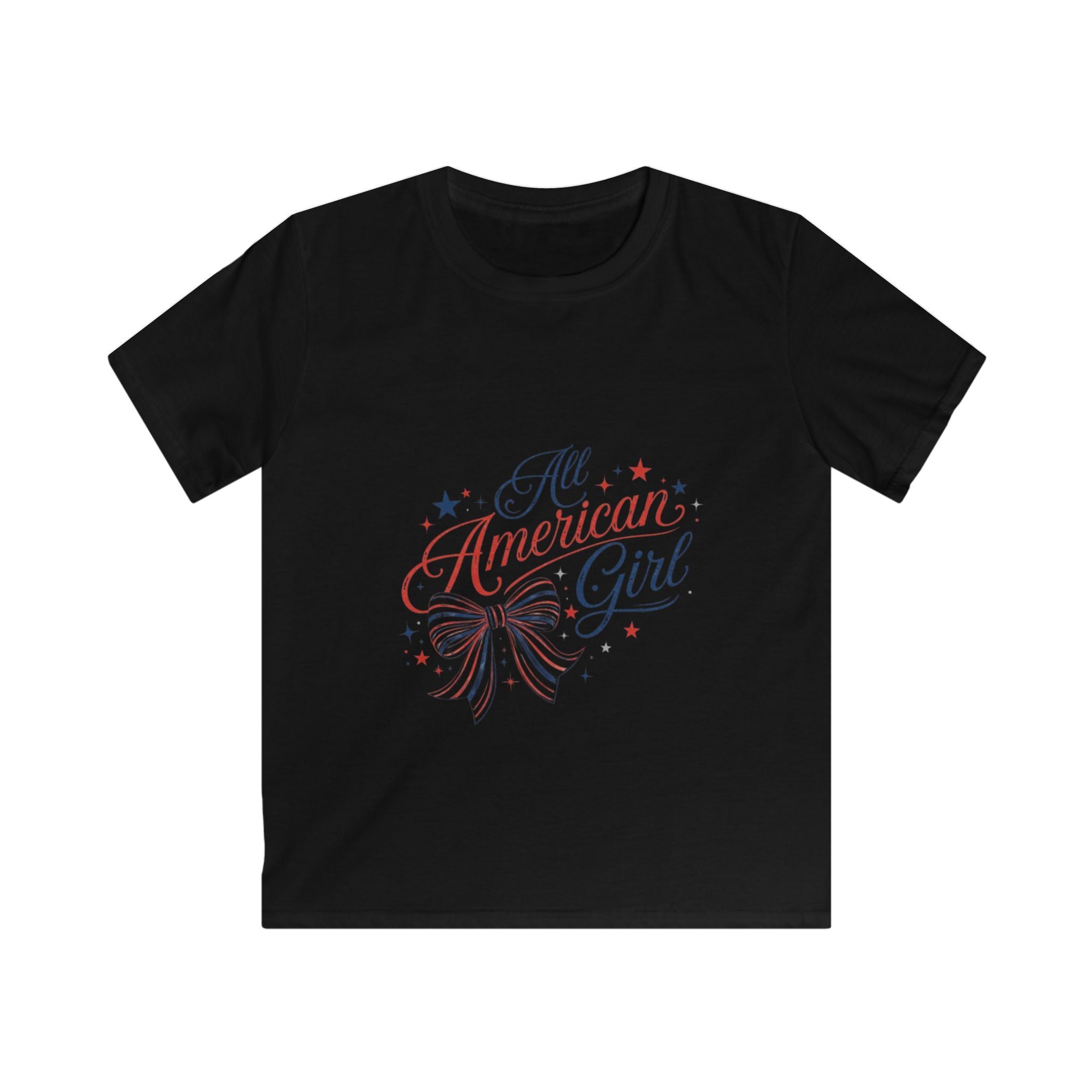 All American Girl Kids Tee – Patriotic 4th of July Shirt with Red White Blue Bow