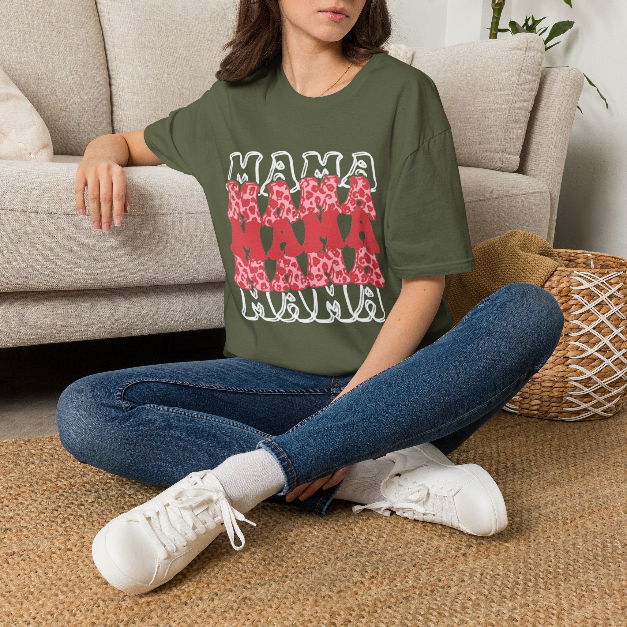 Mama Graphic Tee — Layered Red Leopard 'MAMA' Design