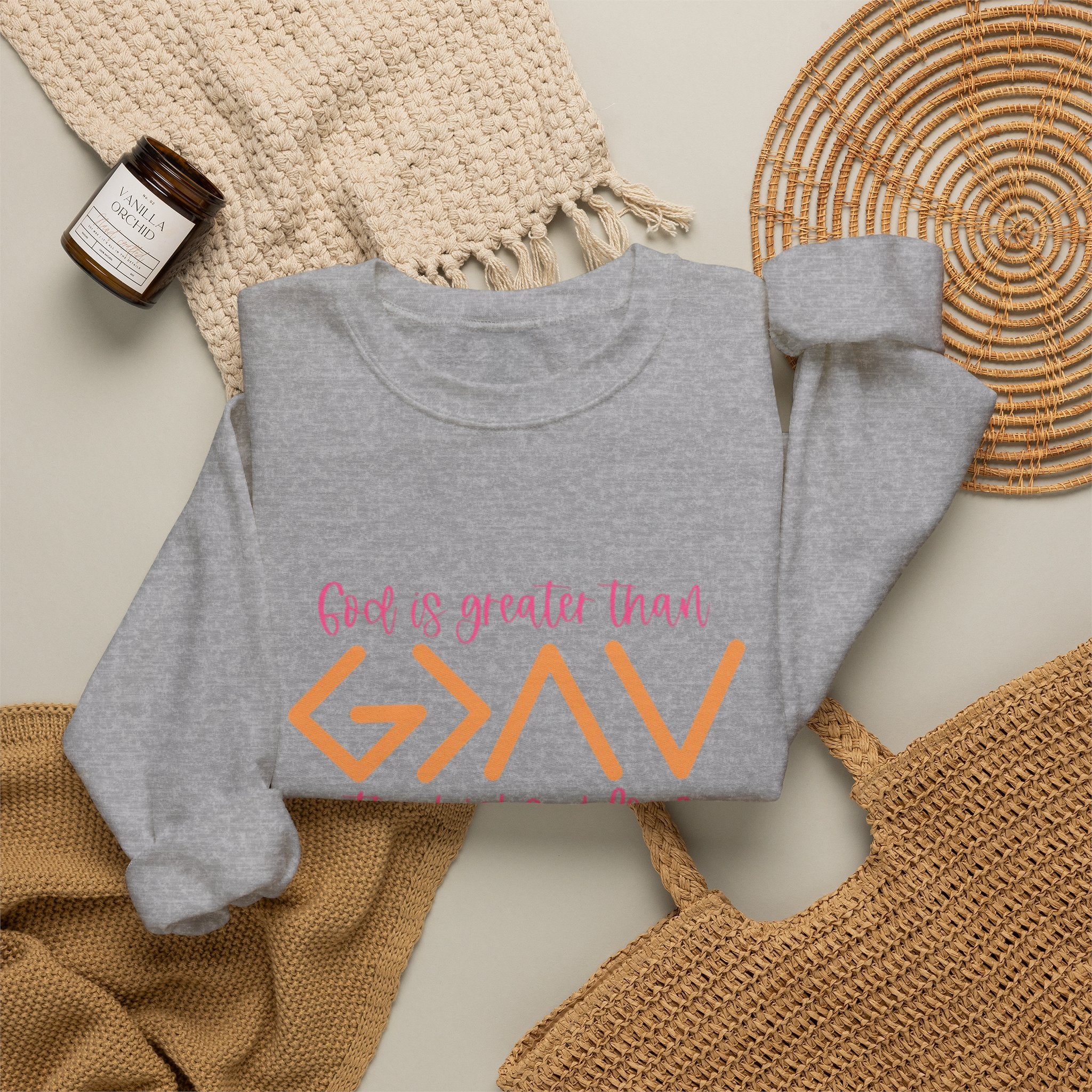 Christian Crewneck Sweatshirt — "God Is Greater Than The Highs & Lows" Inspirational Pullover