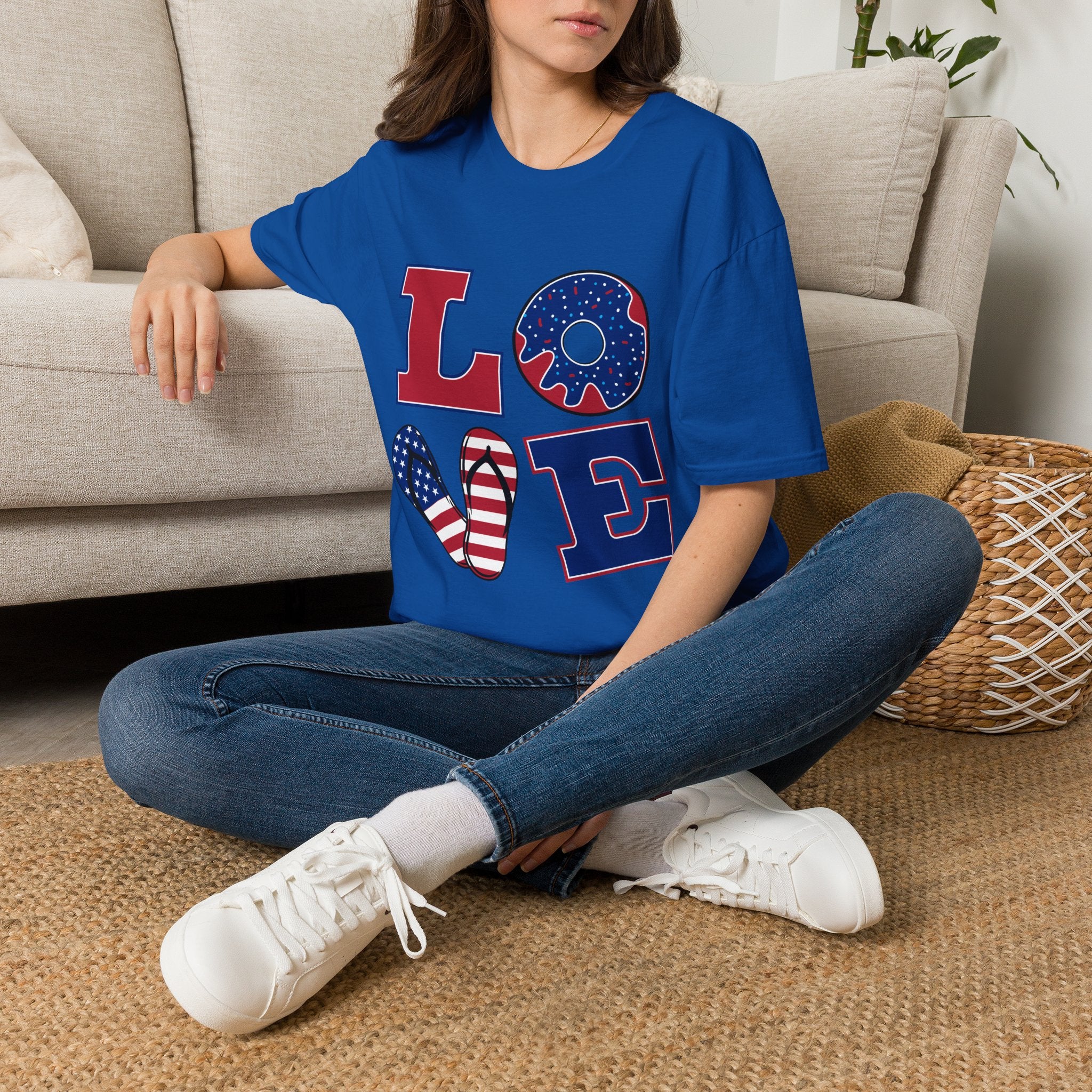 Patriotic 'LOVE' T-Shirt — American Flag Donut & Flip-Flop Graphic Tee