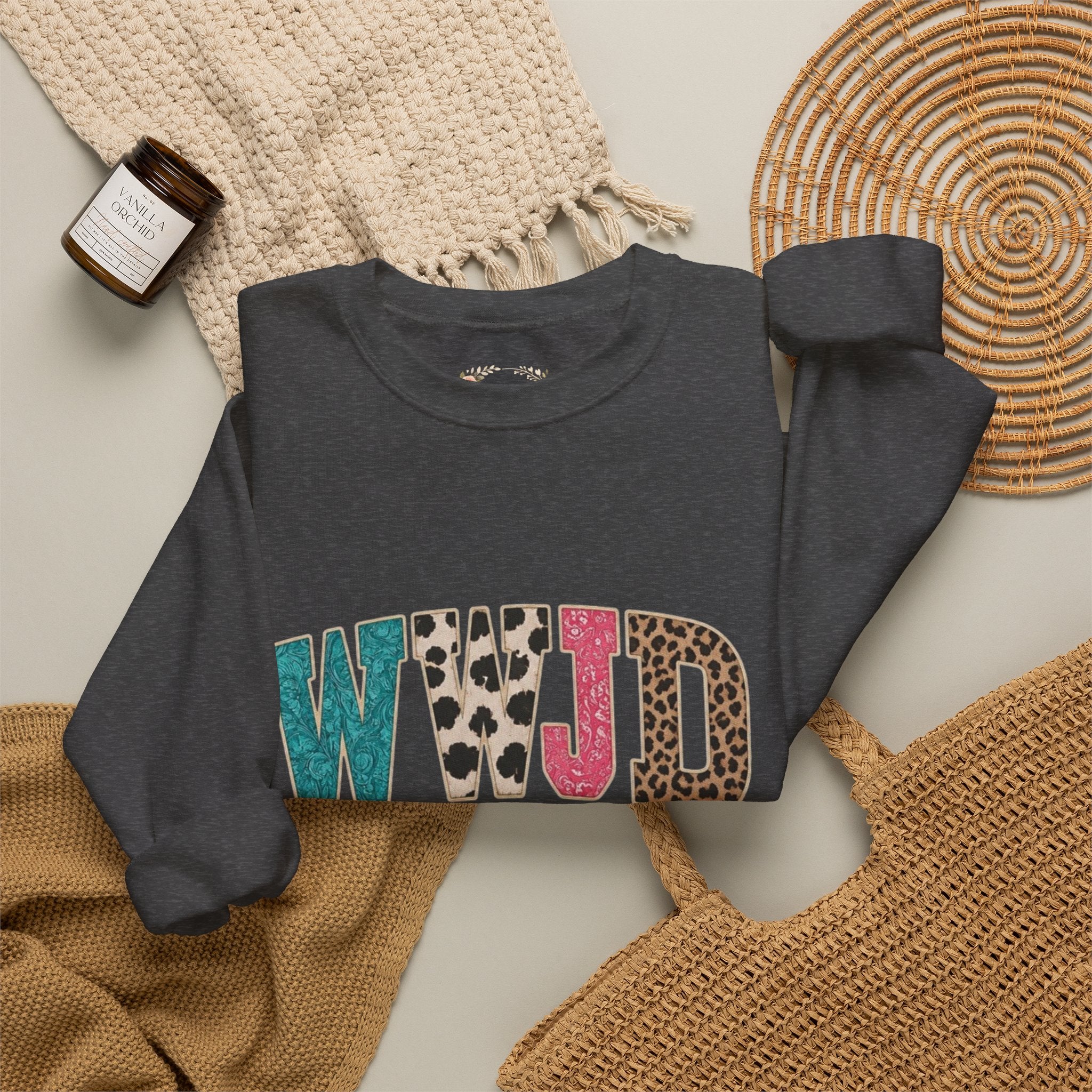 WJJD Patterned Letter Crewneck Sweatshirt — Leopard & Turquoise Accent