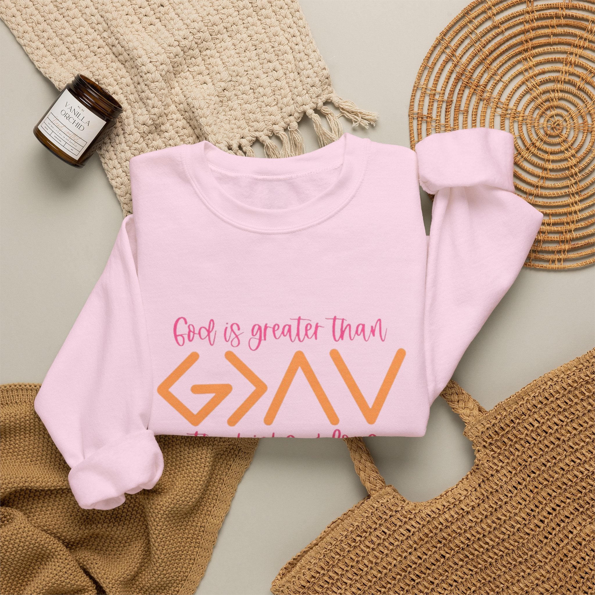 Christian Crewneck Sweatshirt — "God Is Greater Than The Highs & Lows" Inspirational Pullover