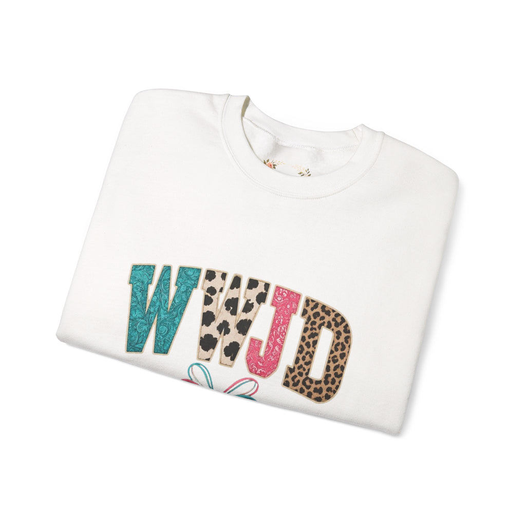 WJJD Patterned Letter Crewneck Sweatshirt — Leopard & Turquoise Accent