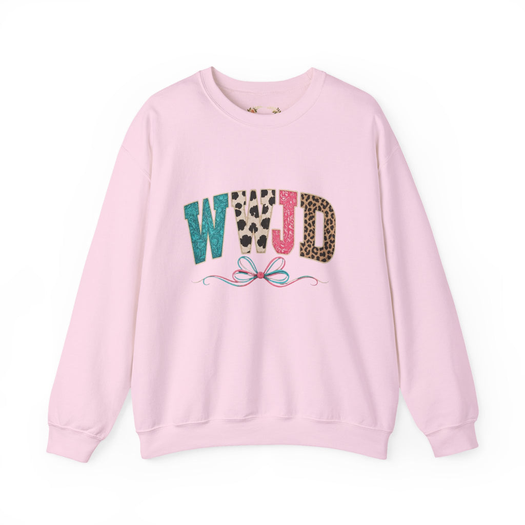 WJJD Patterned Letter Crewneck Sweatshirt — Leopard & Turquoise Accent