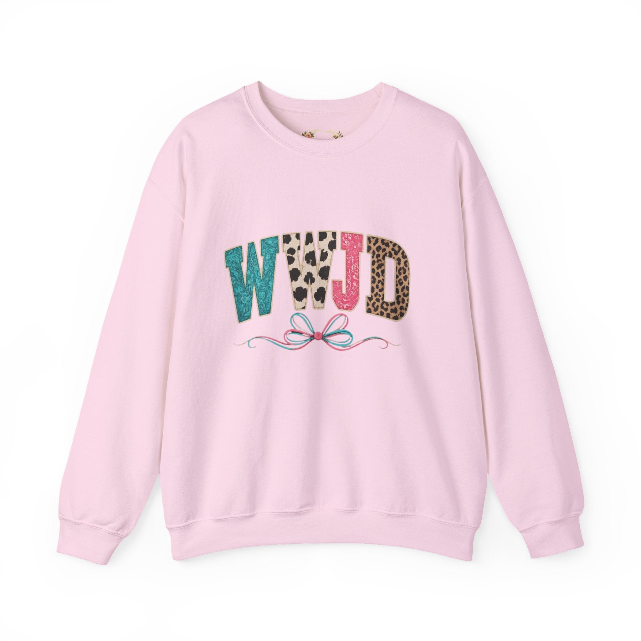 WJJD Patterned Letter Crewneck Sweatshirt — Leopard & Turquoise Accent