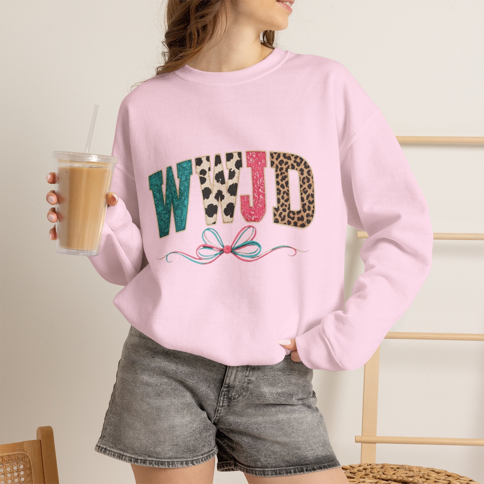 WJJD Patterned Letter Crewneck Sweatshirt — Leopard & Turquoise Accent
