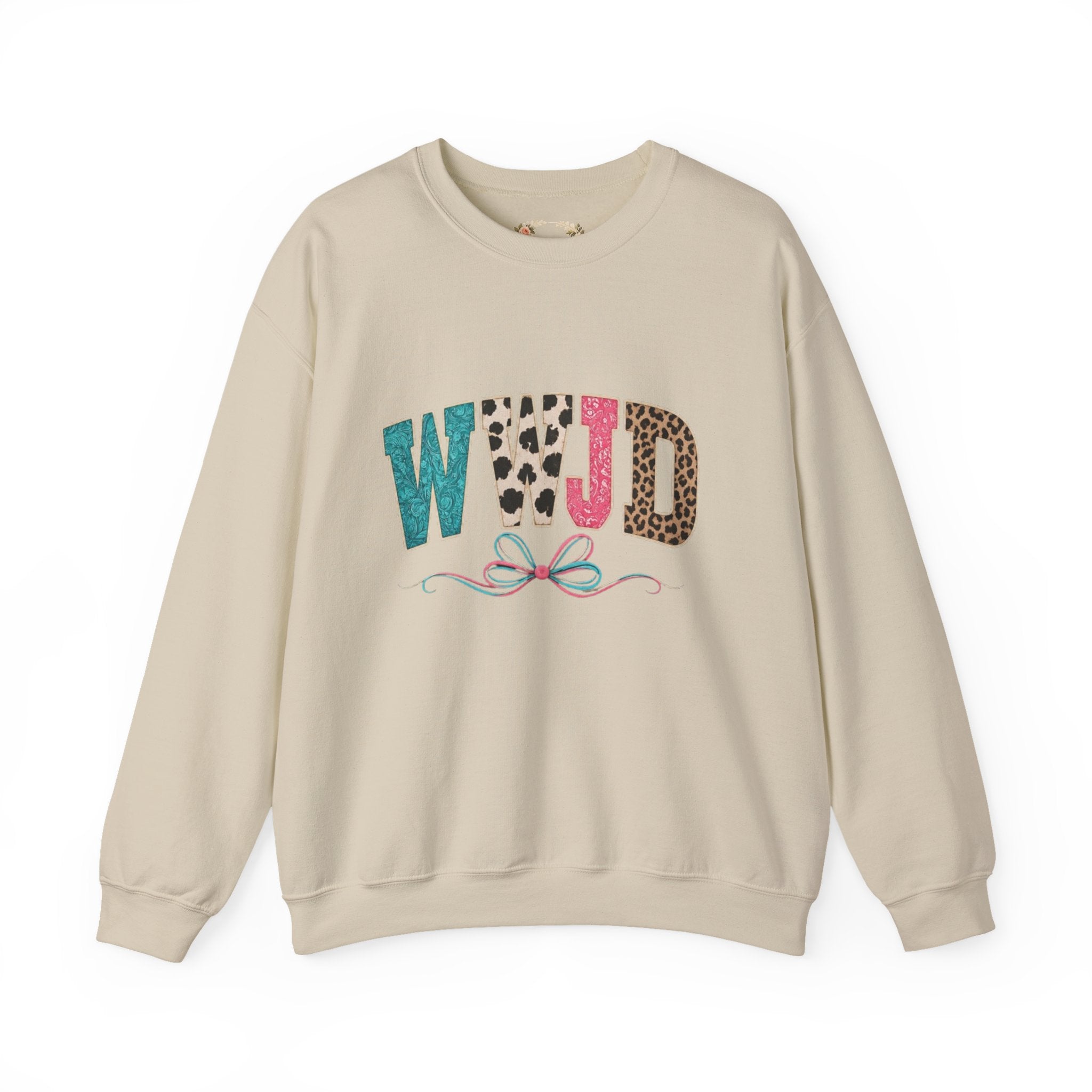 WJJD Patterned Letter Crewneck Sweatshirt — Leopard & Turquoise Accent