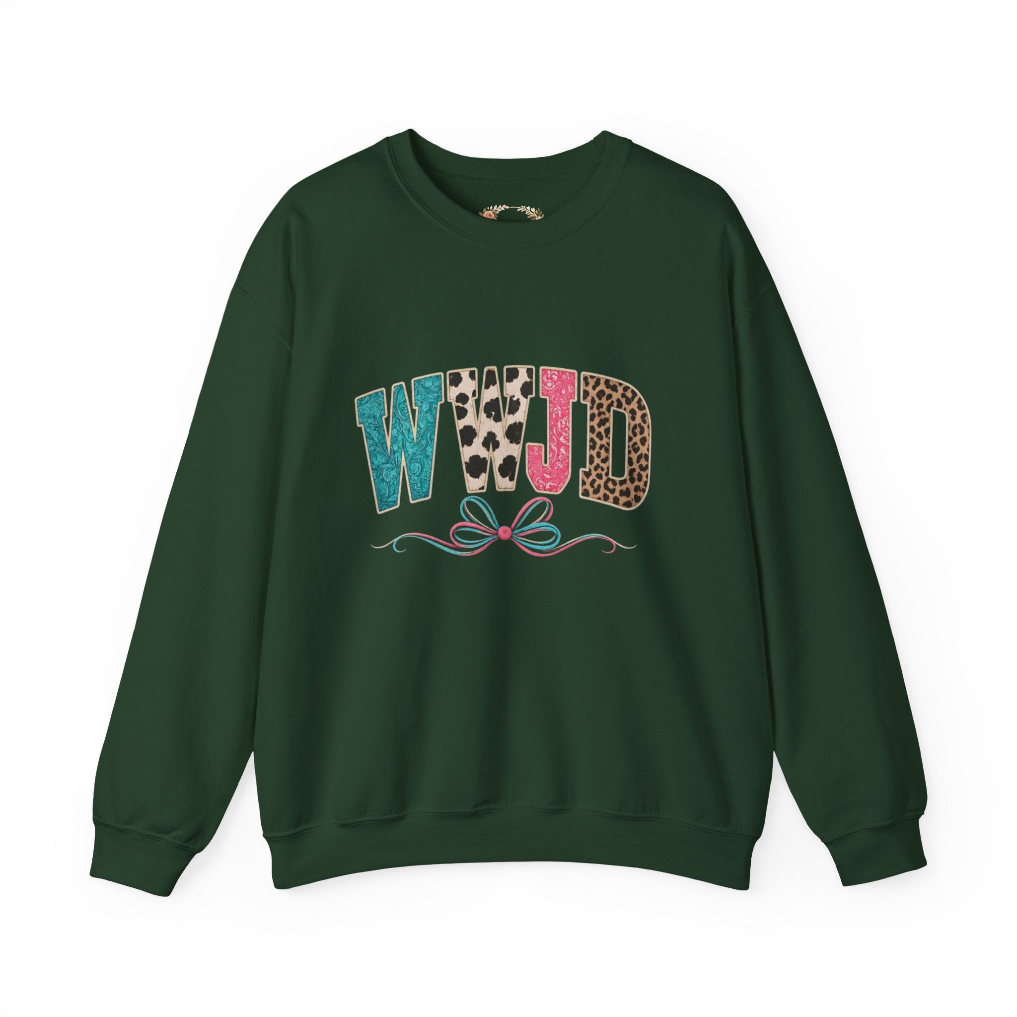 WJJD Patterned Letter Crewneck Sweatshirt — Leopard & Turquoise Accent