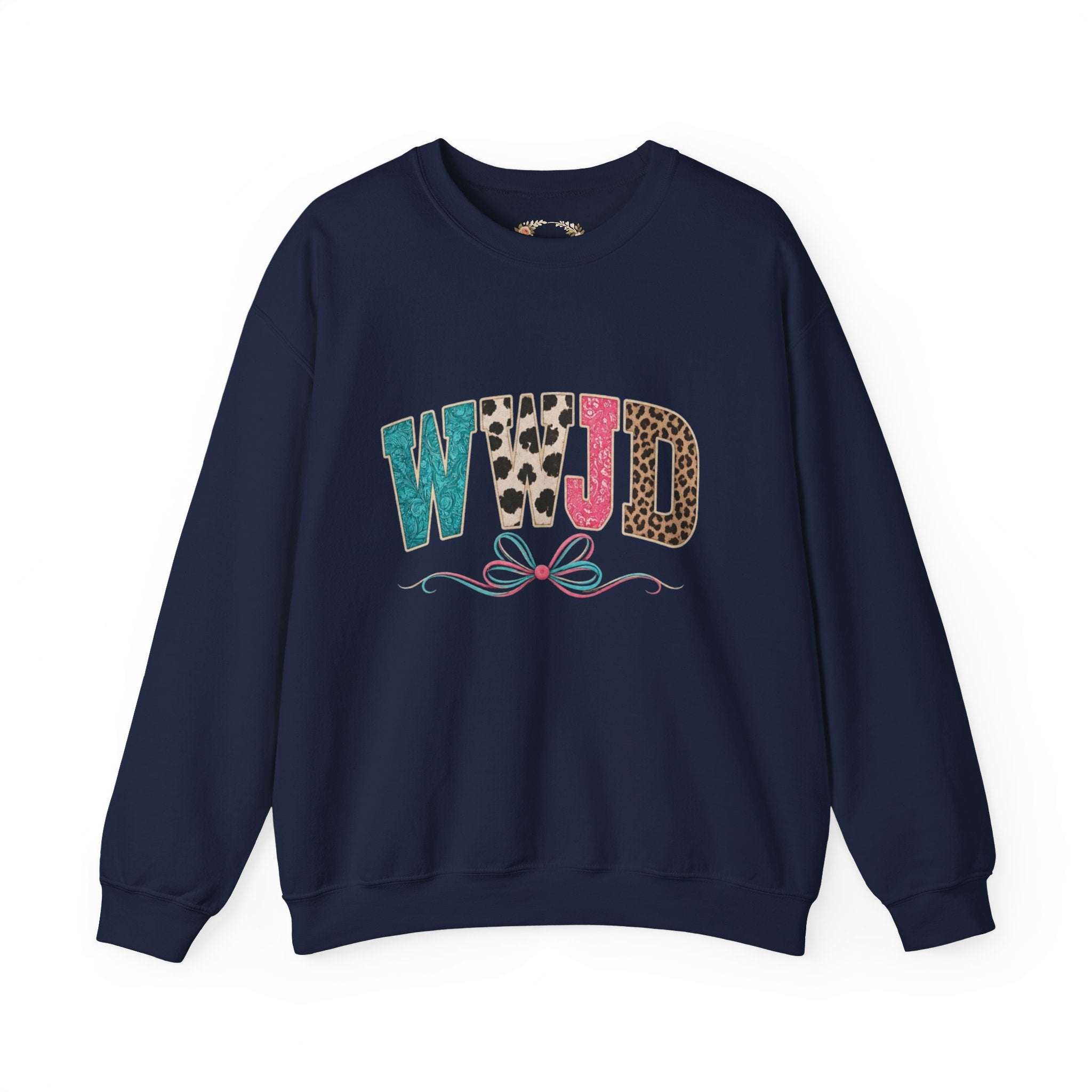 WJJD Patterned Letter Crewneck Sweatshirt — Leopard & Turquoise Accent