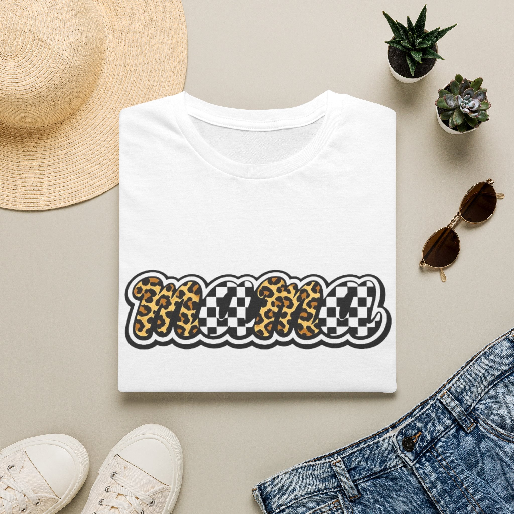 T-Shirt — 'Mama' Leopard & Checkerboard Retro Graphic Tee