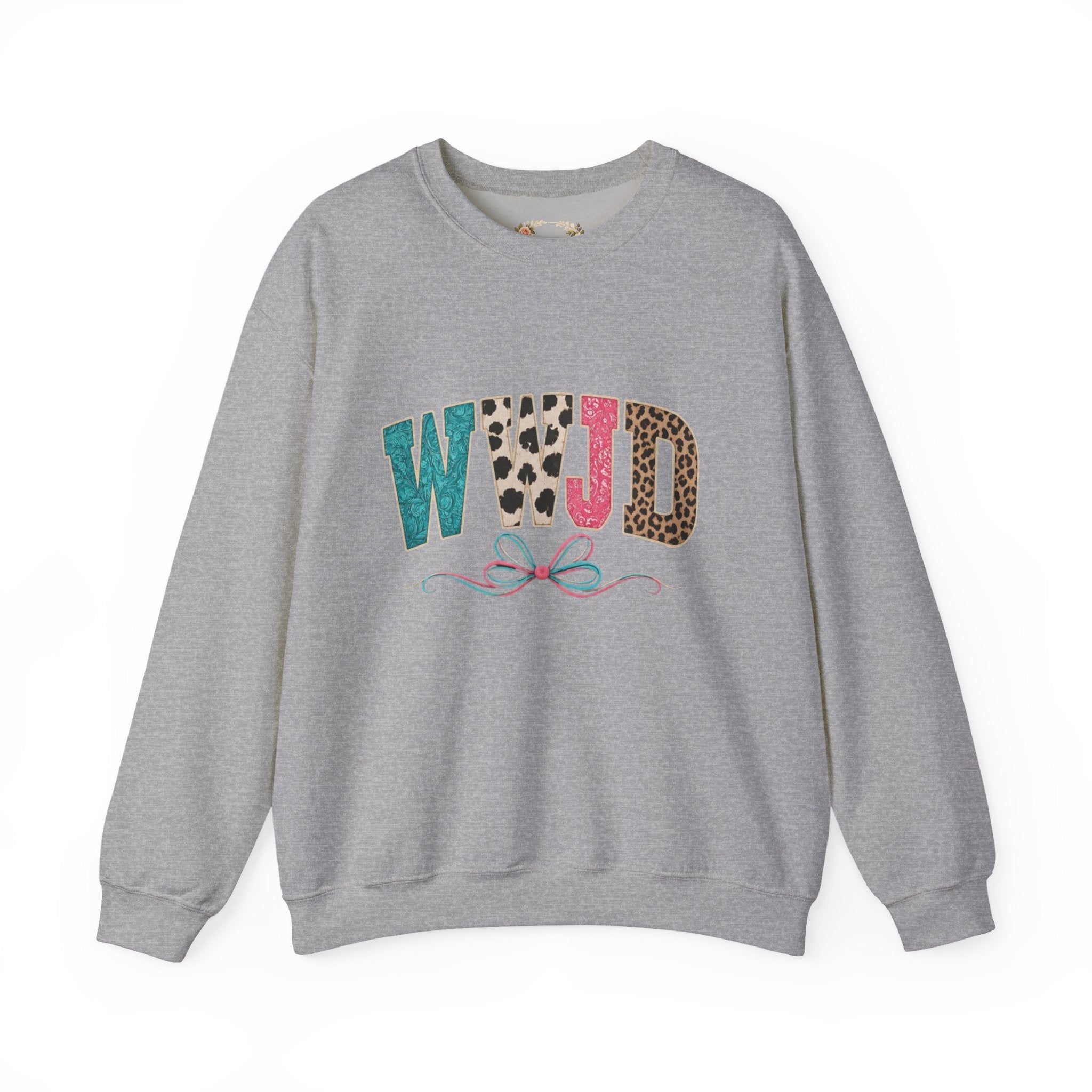 WJJD Patterned Letter Crewneck Sweatshirt — Leopard & Turquoise Accent