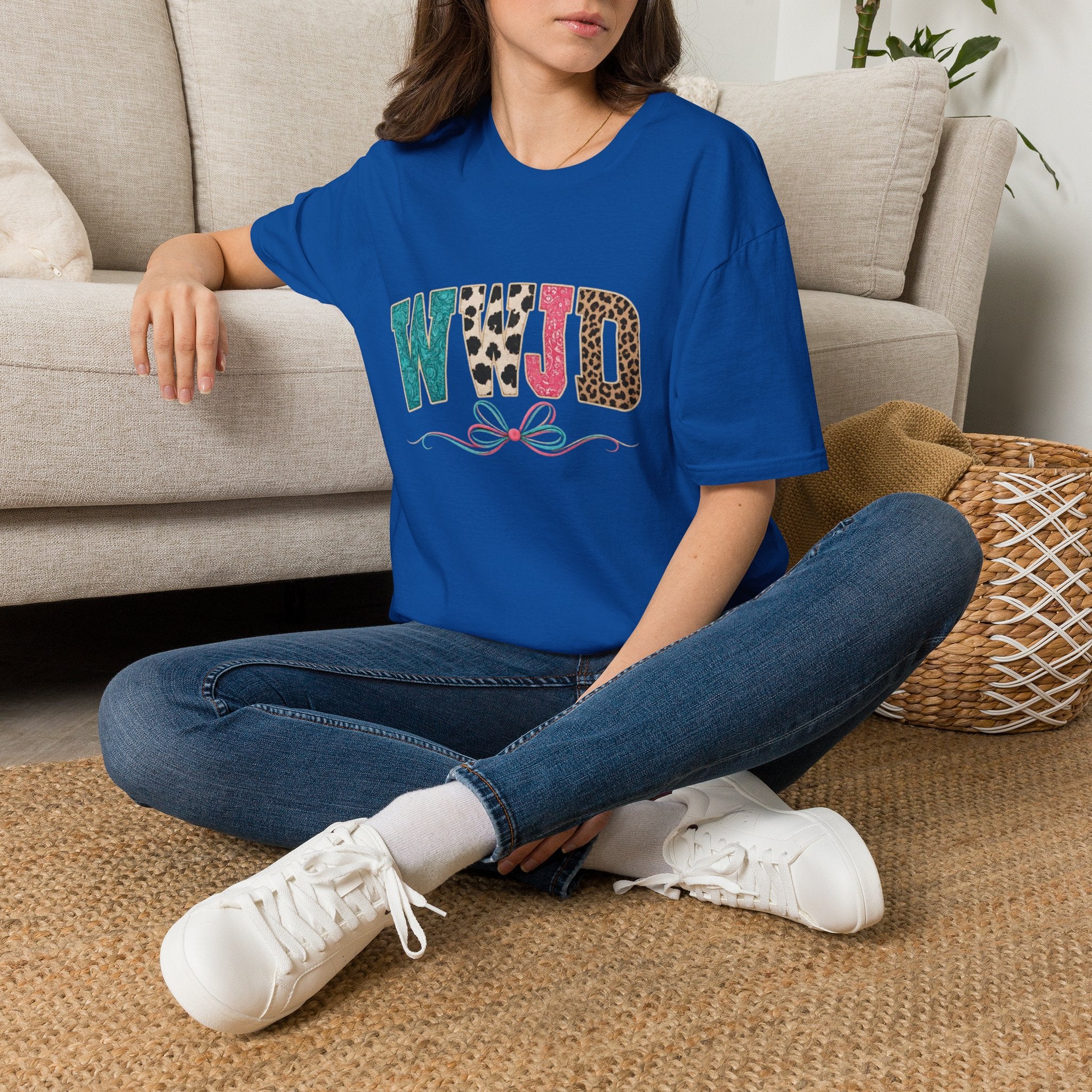 WWJD Leopard & Teal Graphic T-Shirt — Vintage Bow Faith Tee