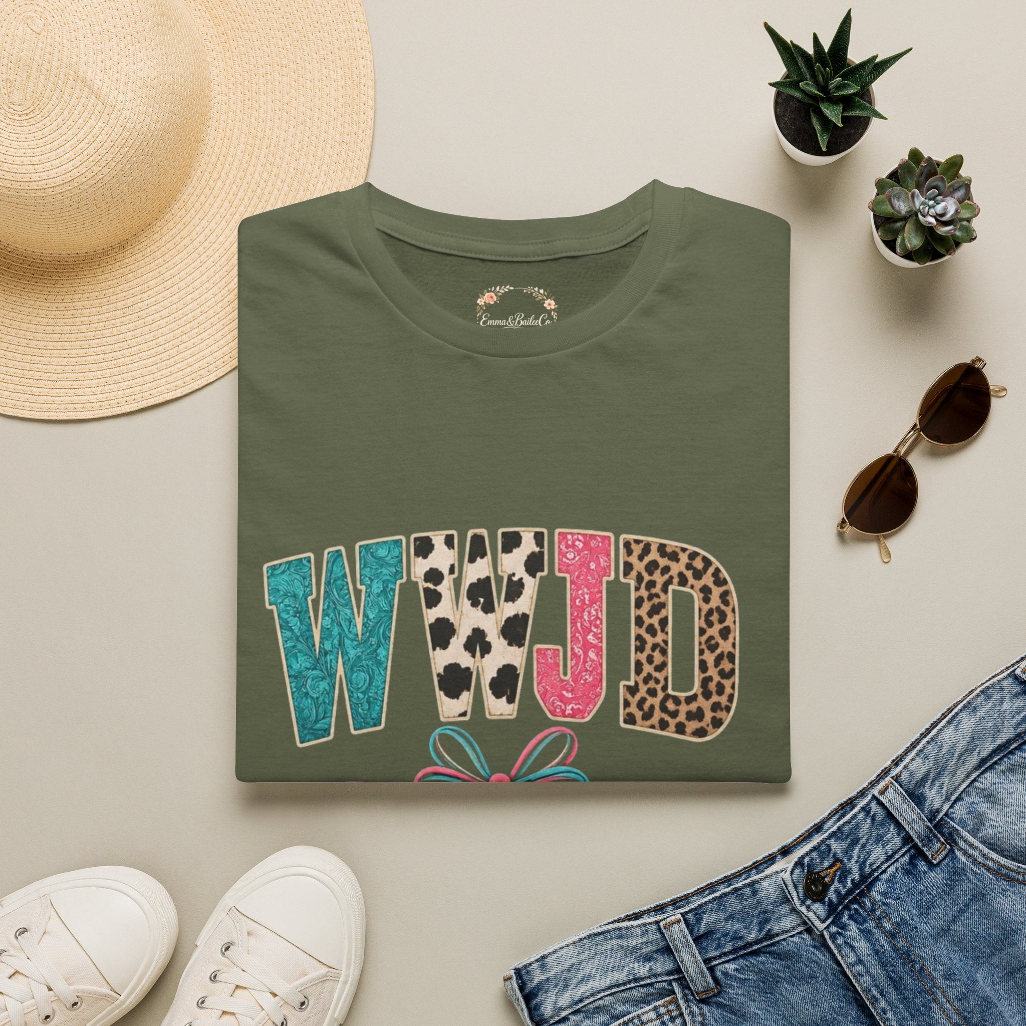 WWJD Leopard & Teal Graphic T-Shirt — Vintage Bow Faith Tee