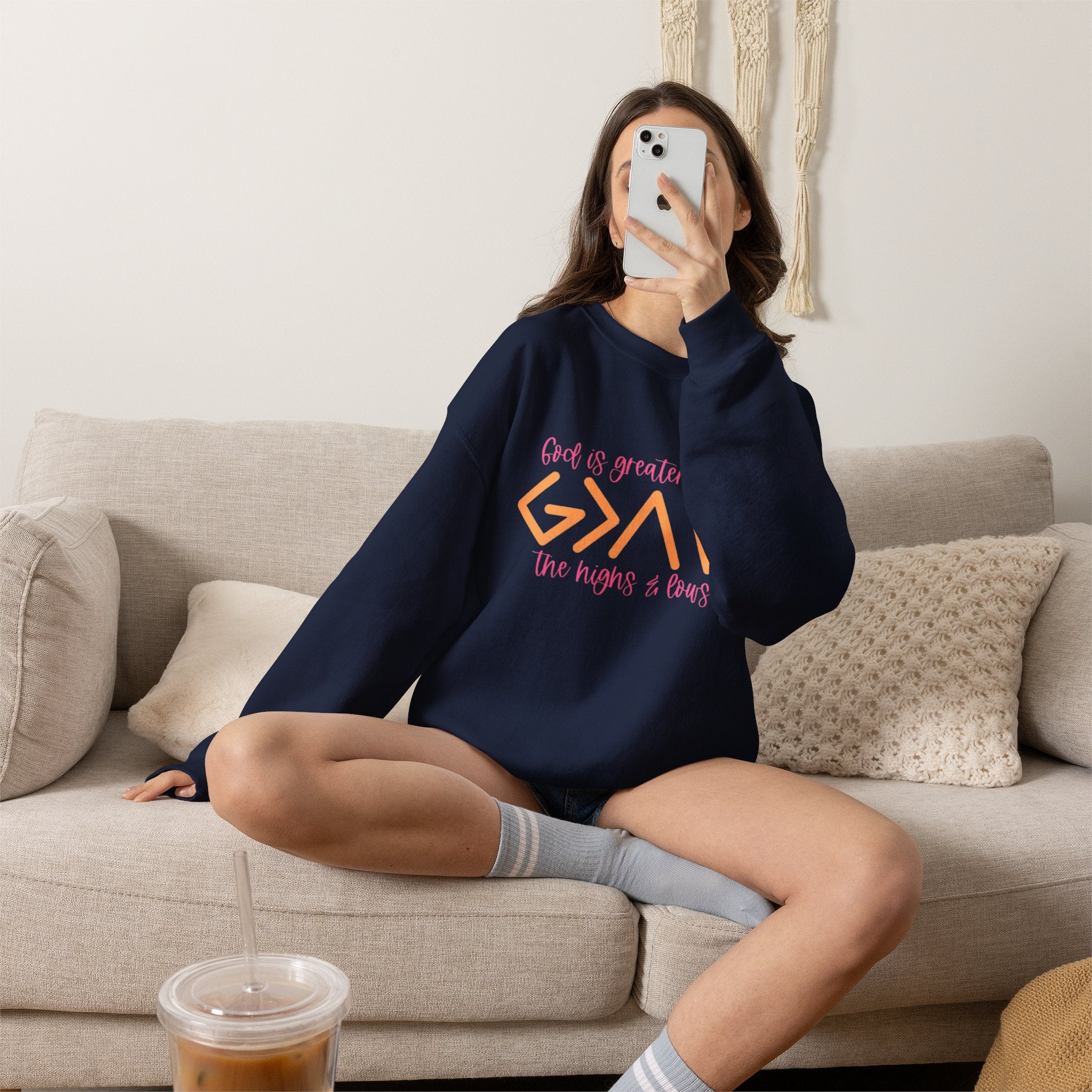 Christian Crewneck Sweatshirt — "God Is Greater Than The Highs & Lows" Inspirational Pullover