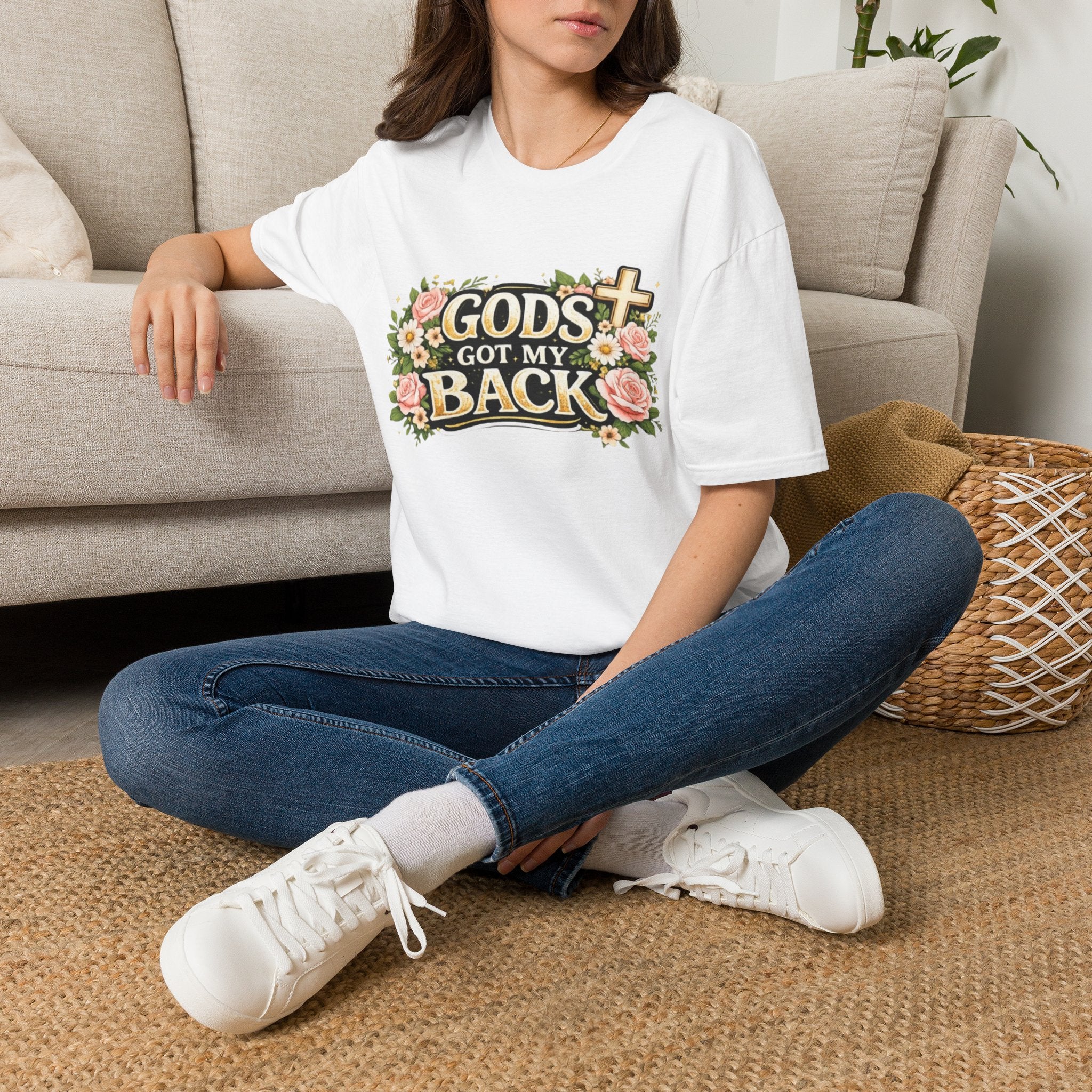 Faith T-Shirt — "God's Got My Back" Floral Cross Christian Tee