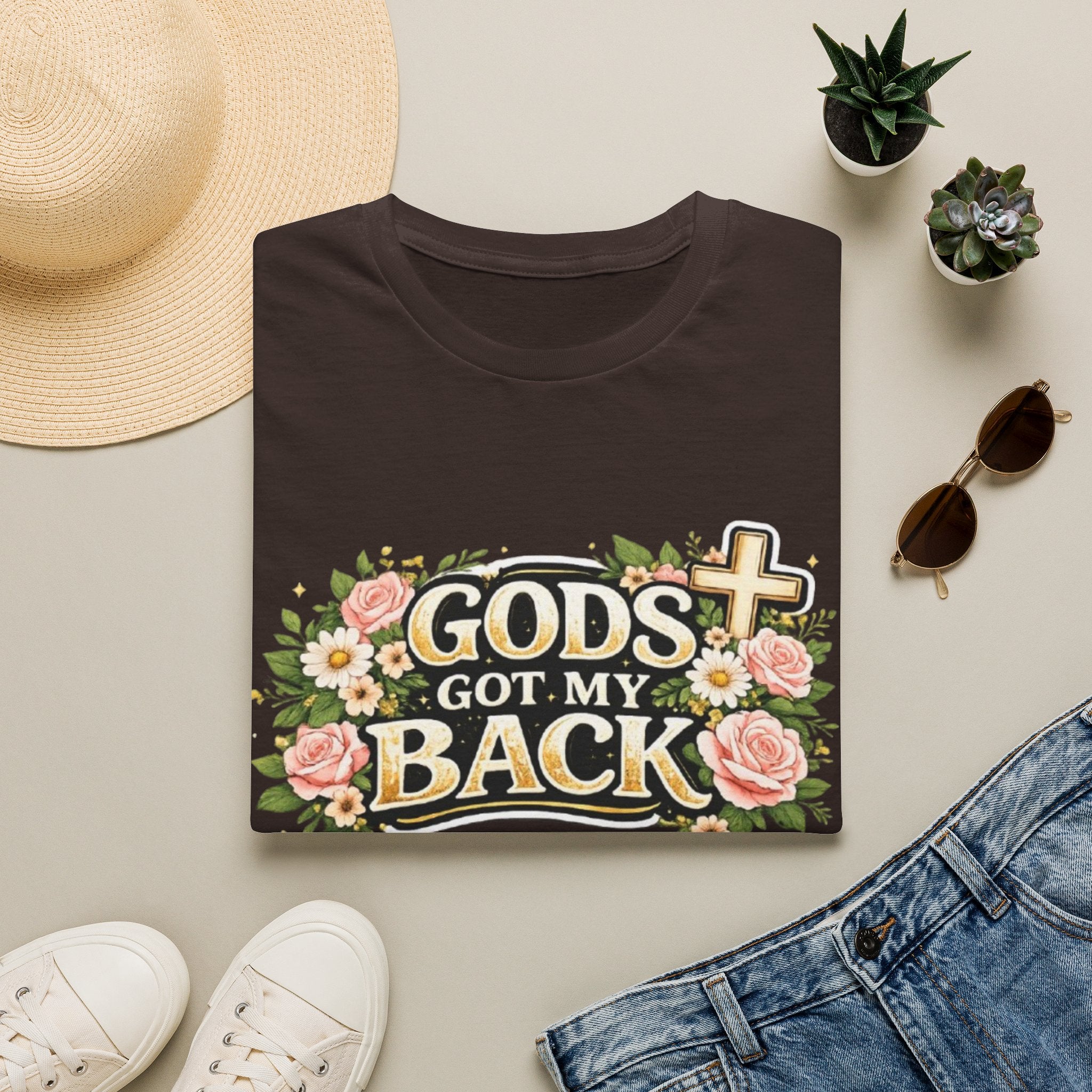 Faith T-Shirt — "God's Got My Back" Floral Cross Christian Tee