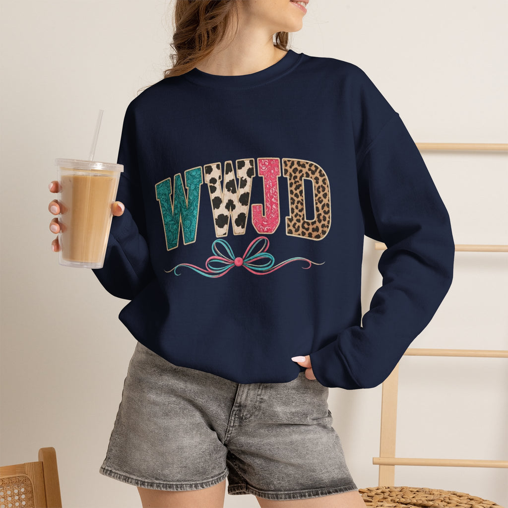 WJJD Patterned Letter Crewneck Sweatshirt — Leopard & Turquoise Accent