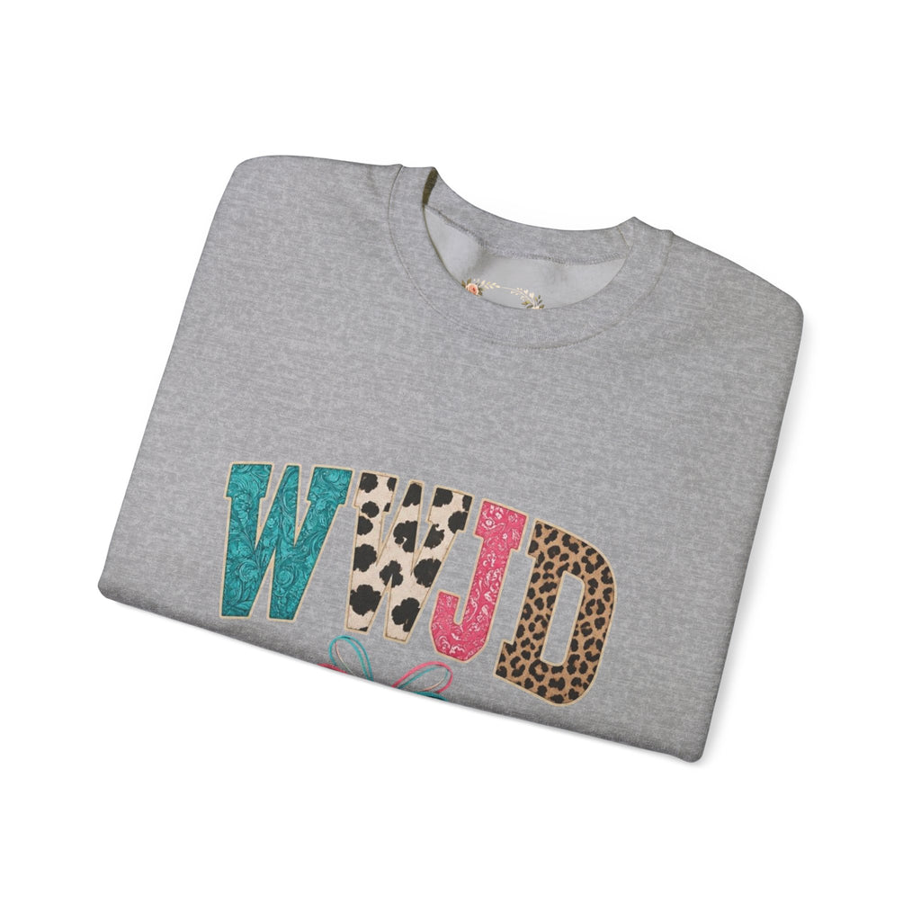 WJJD Patterned Letter Crewneck Sweatshirt — Leopard & Turquoise Accent