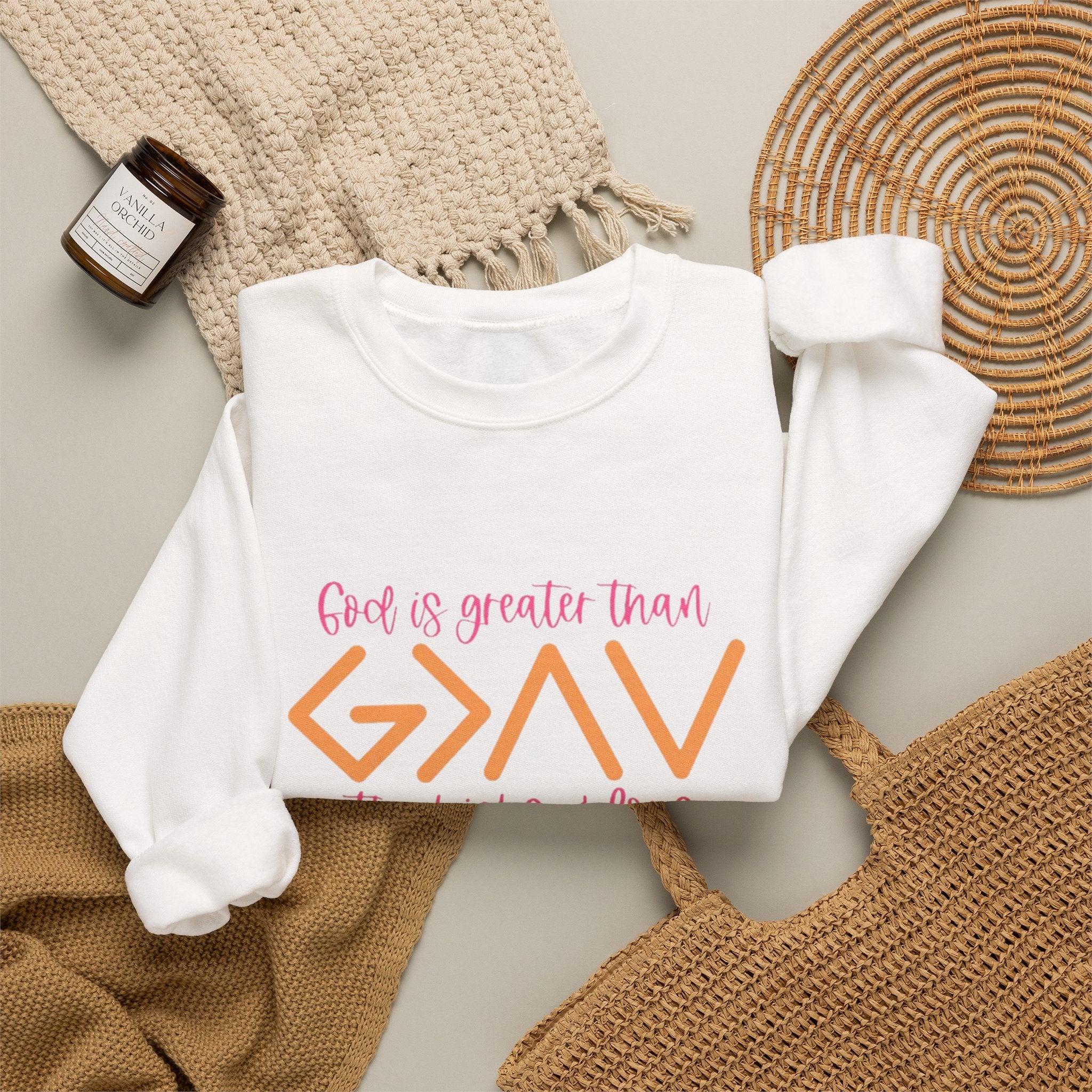 Christian Crewneck Sweatshirt — "God Is Greater Than The Highs & Lows" Inspirational Pullover