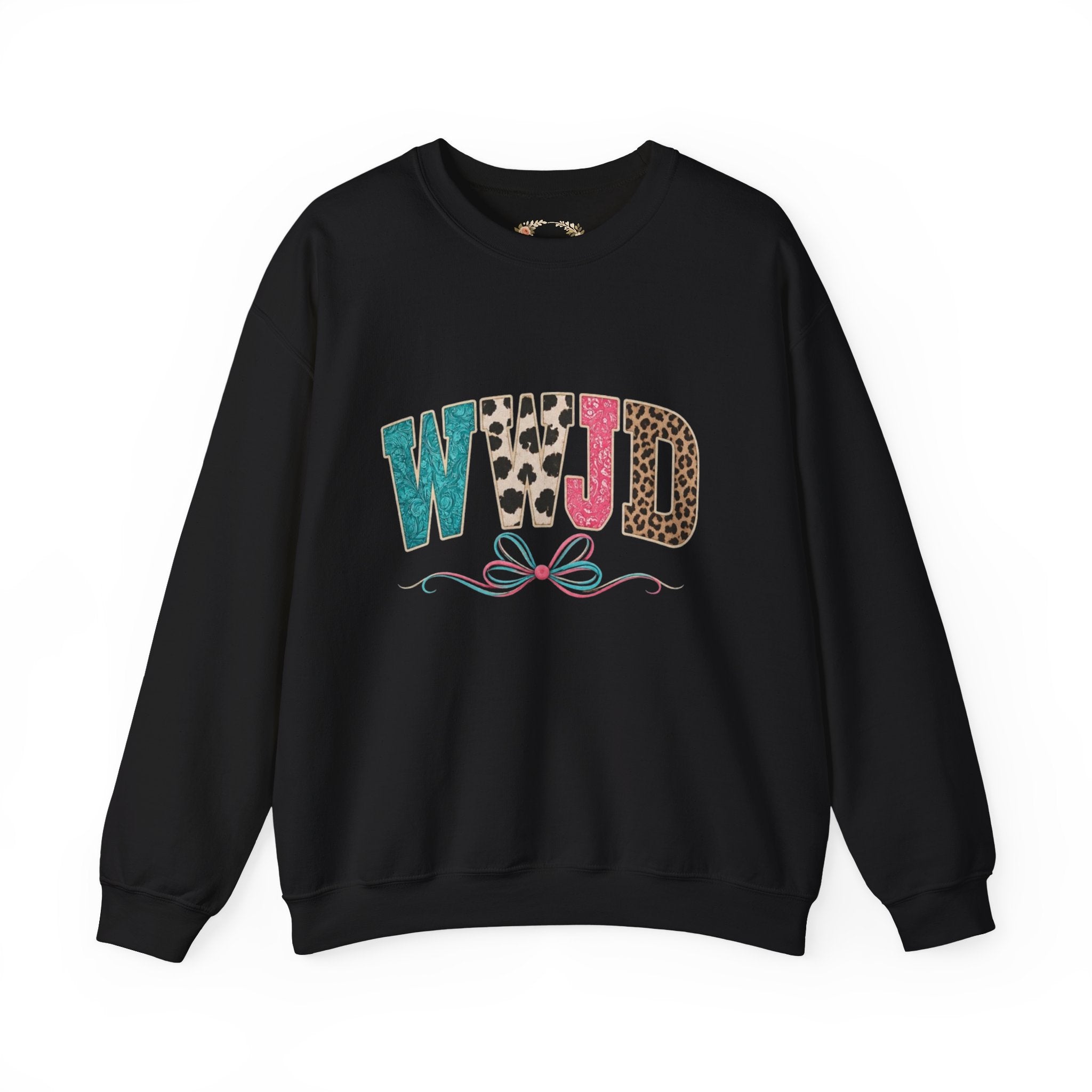 WJJD Patterned Letter Crewneck Sweatshirt — Leopard & Turquoise Accent