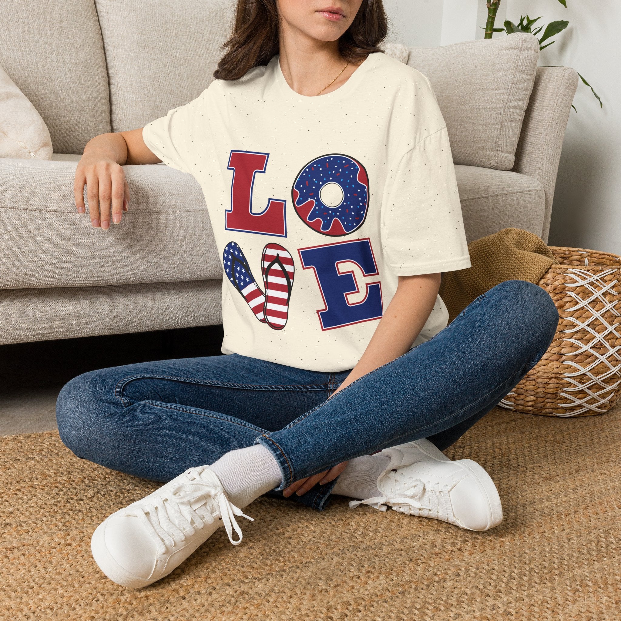 Patriotic 'LOVE' T-Shirt — American Flag Donut & Flip-Flop Graphic Tee