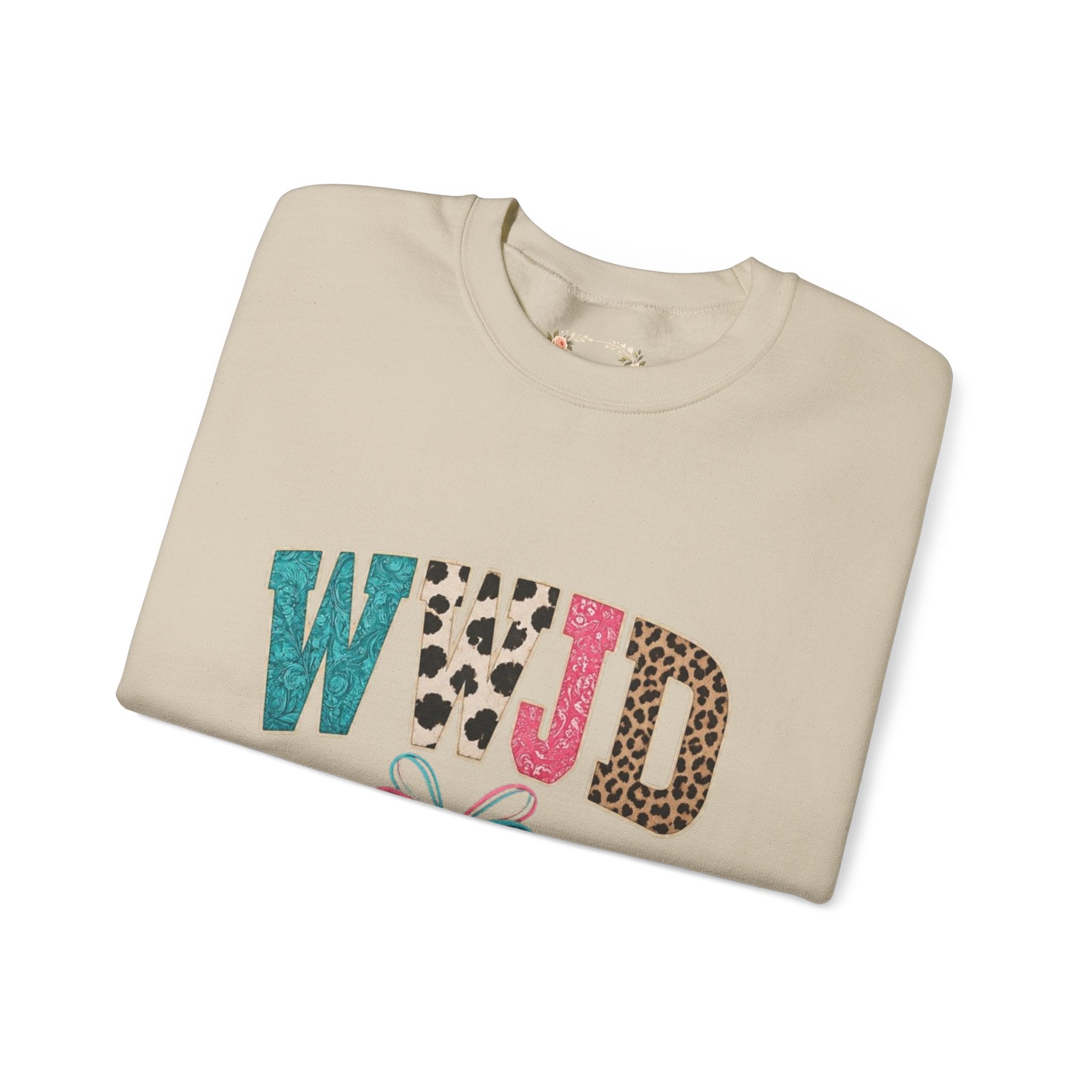 WJJD Patterned Letter Crewneck Sweatshirt — Leopard & Turquoise Accent