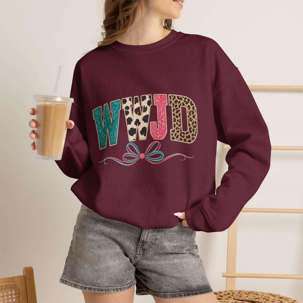 WJJD Patterned Letter Crewneck Sweatshirt — Leopard & Turquoise Accent