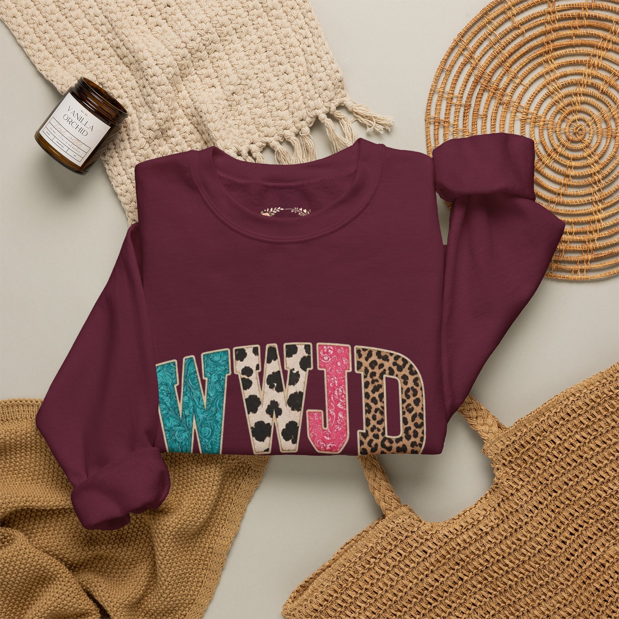 WJJD Patterned Letter Crewneck Sweatshirt — Leopard & Turquoise Accent