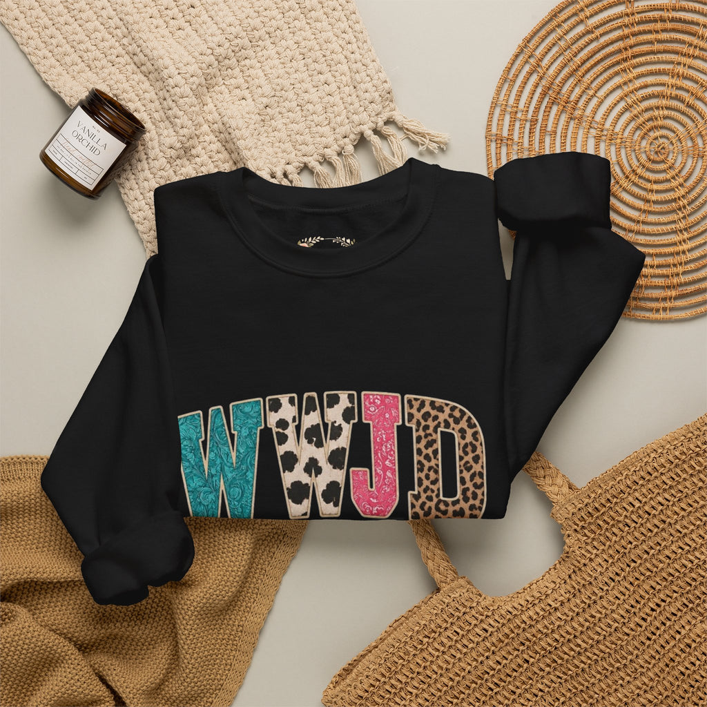 WJJD Patterned Letter Crewneck Sweatshirt — Leopard & Turquoise Accent