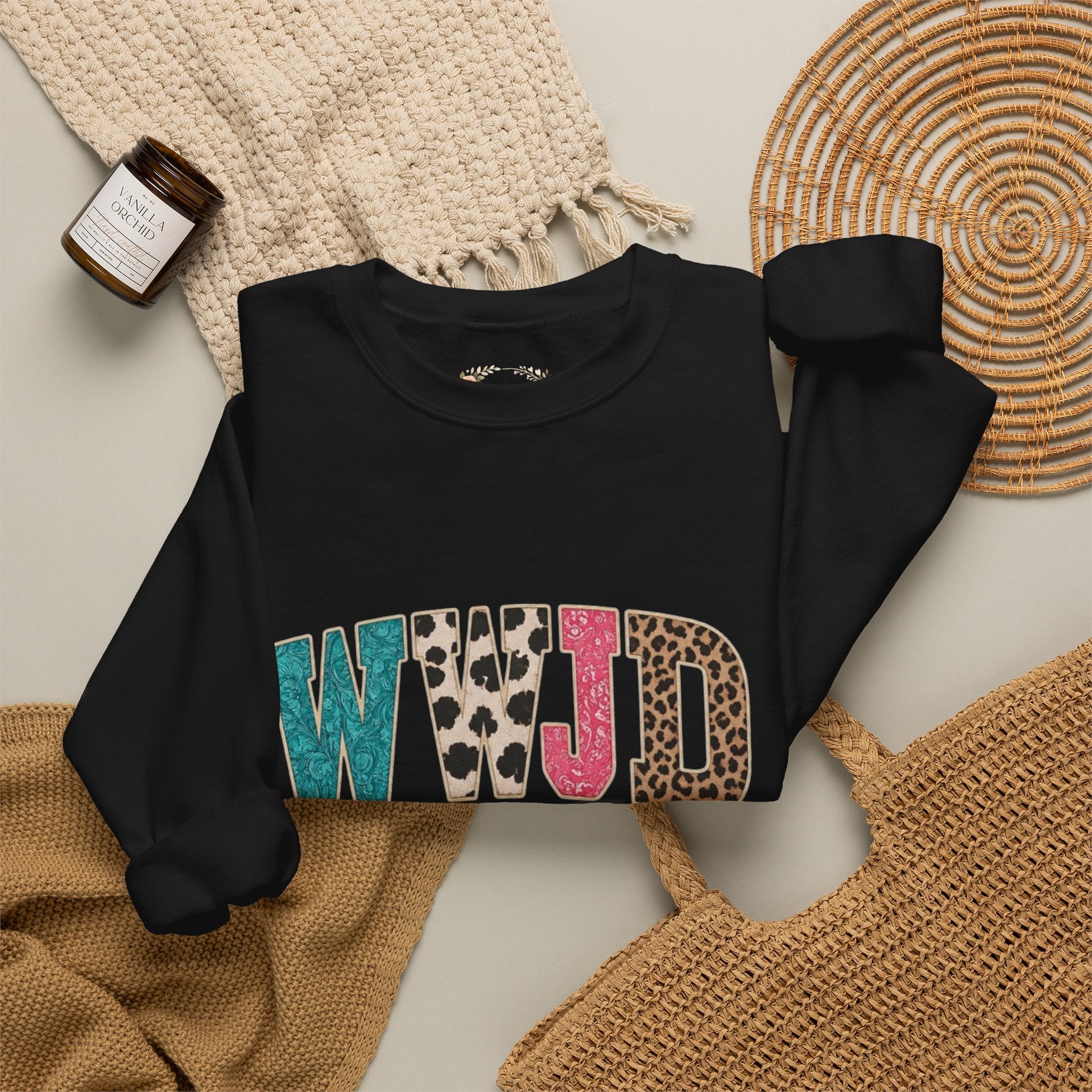 WJJD Patterned Letter Crewneck Sweatshirt — Leopard & Turquoise Accent