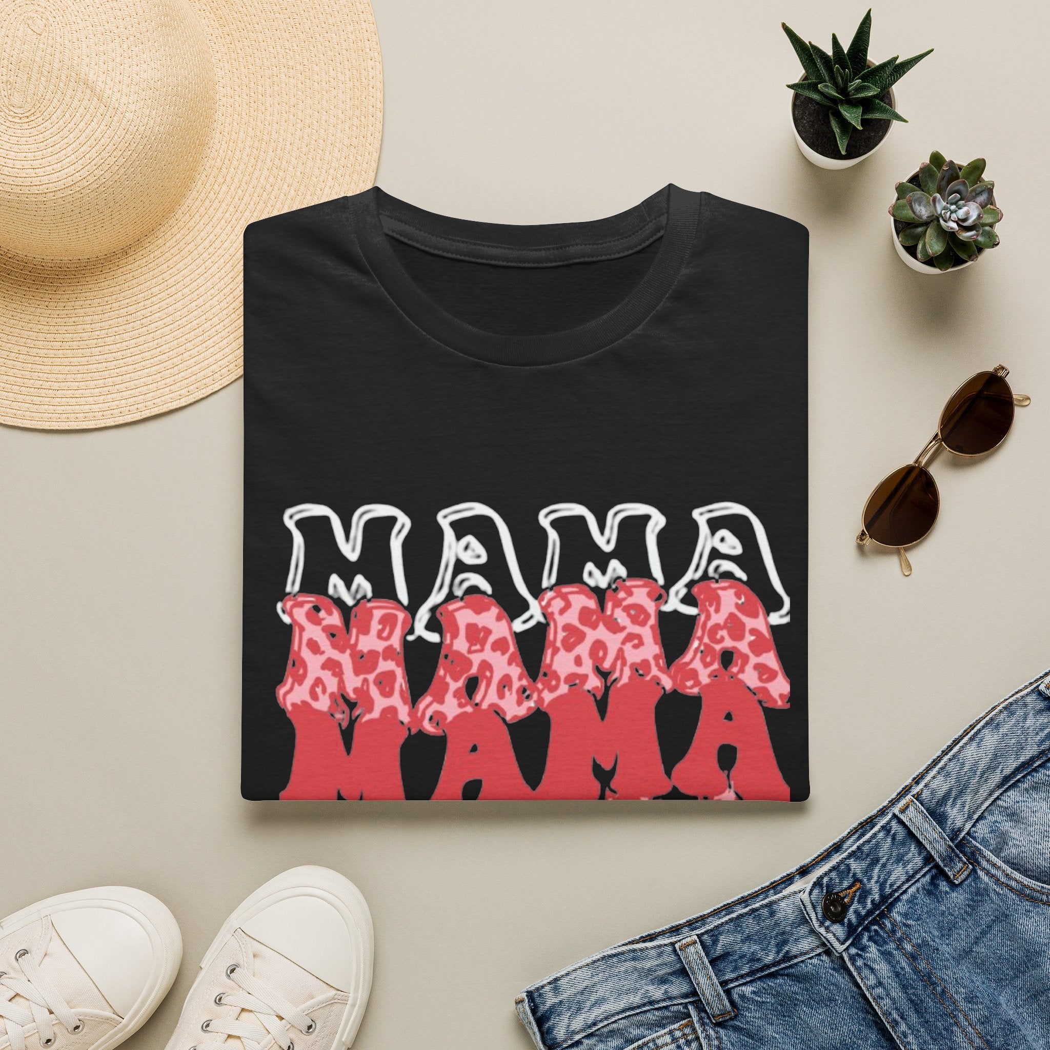 Mama Graphic Tee — Layered Red Leopard 'MAMA' Design