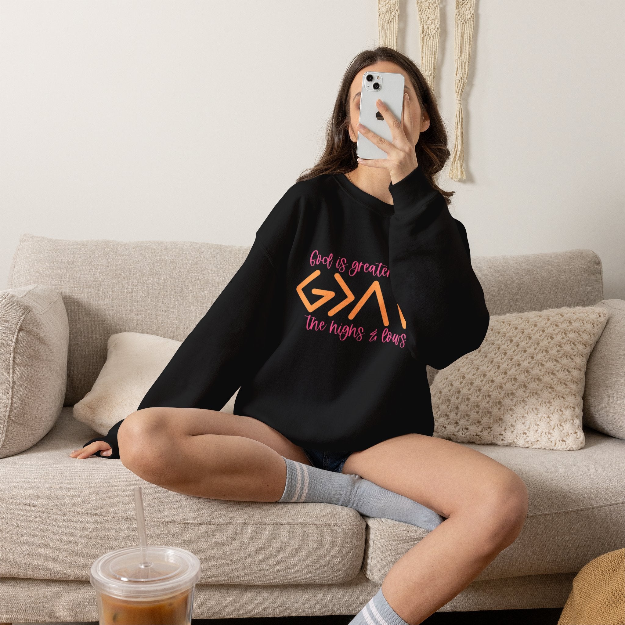 Christian Crewneck Sweatshirt — "God Is Greater Than The Highs & Lows" Inspirational Pullover