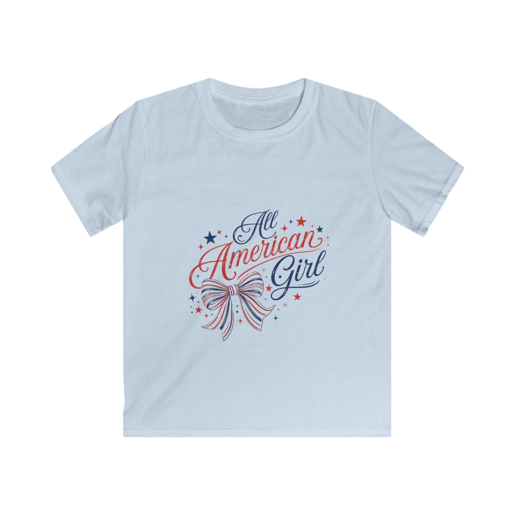 All American Girl Kids Tee – Patriotic 4th of July Shirt with Red White Blue Bow