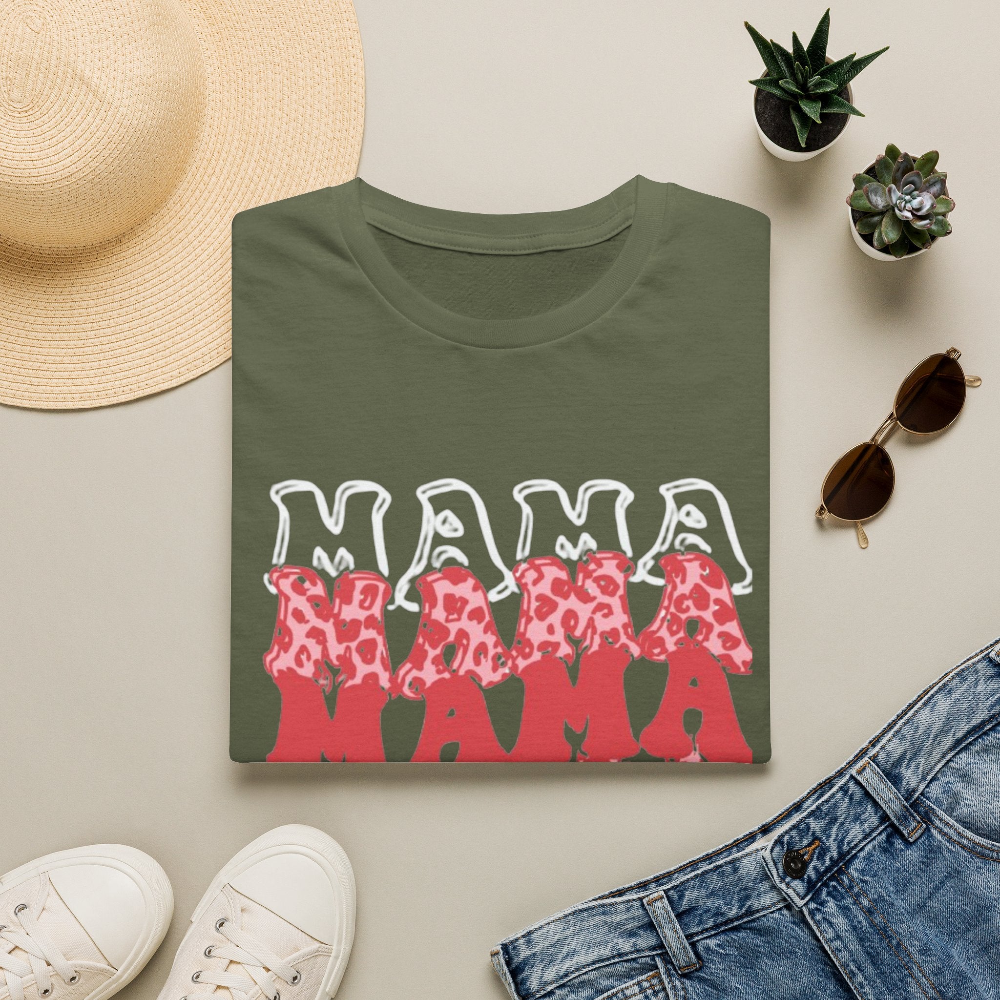 Mama Graphic Tee — Layered Red Leopard 'MAMA' Design