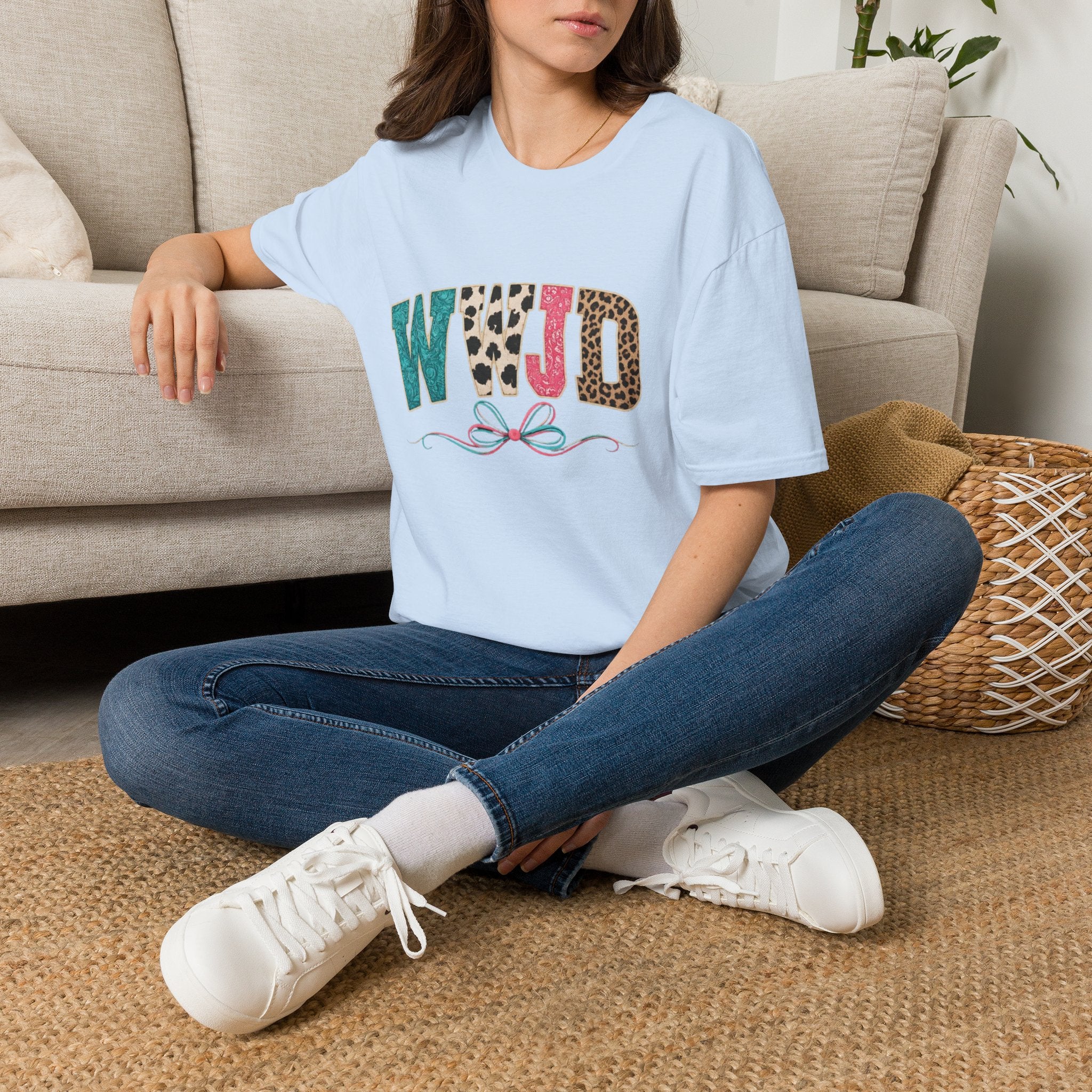 WWJD Leopard & Teal Graphic T-Shirt — Vintage Bow Faith Tee