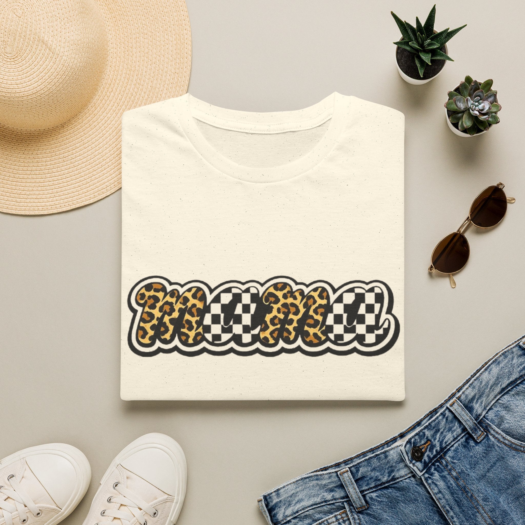 T-Shirt — 'Mama' Leopard & Checkerboard Retro Graphic Tee