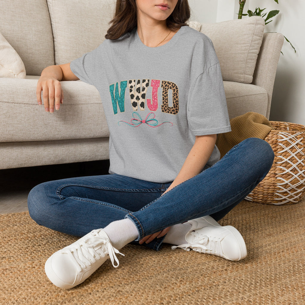 WWJD Leopard & Teal Graphic T-Shirt — Vintage Bow Faith Tee
