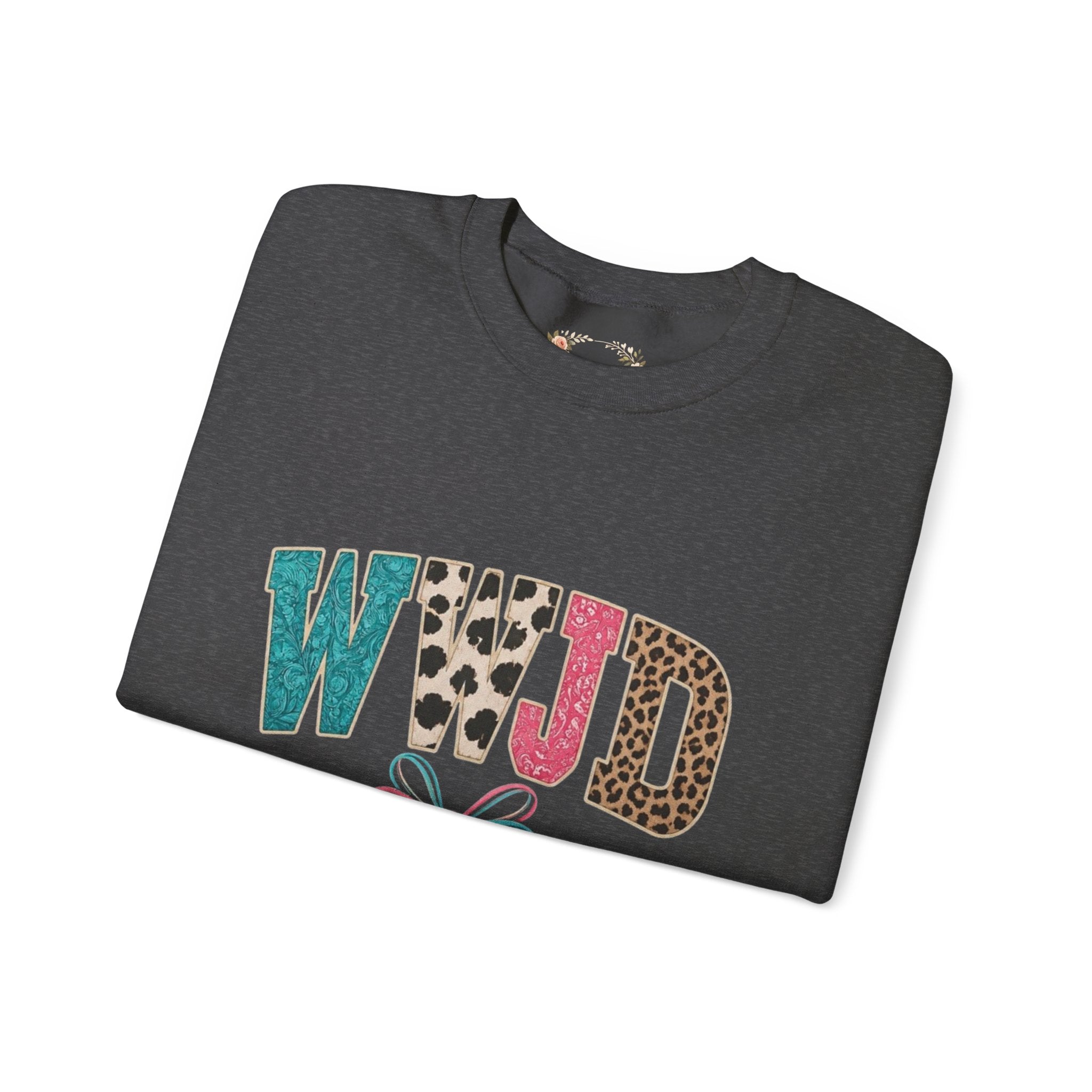 WJJD Patterned Letter Crewneck Sweatshirt — Leopard & Turquoise Accent