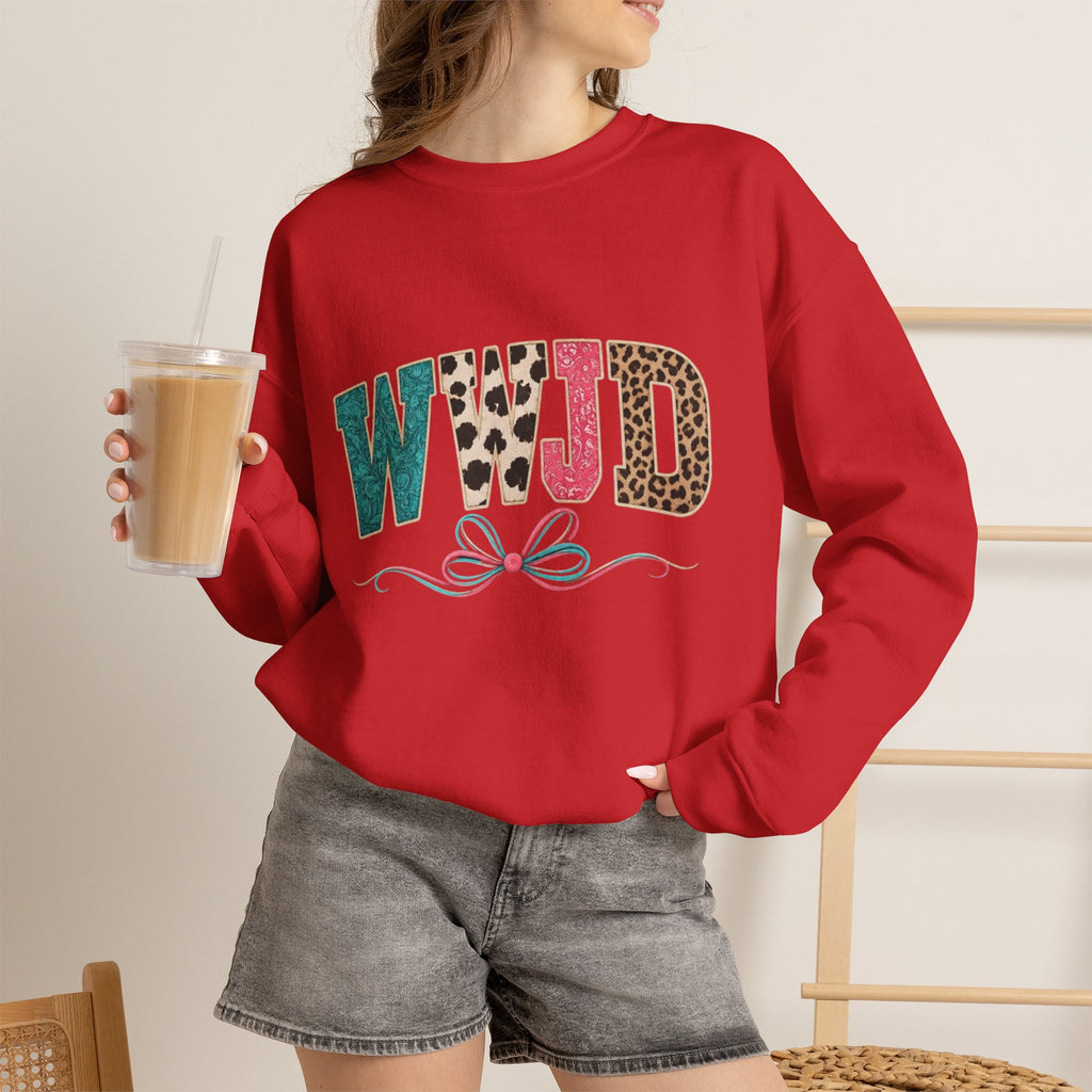 WJJD Patterned Letter Crewneck Sweatshirt — Leopard & Turquoise Accent