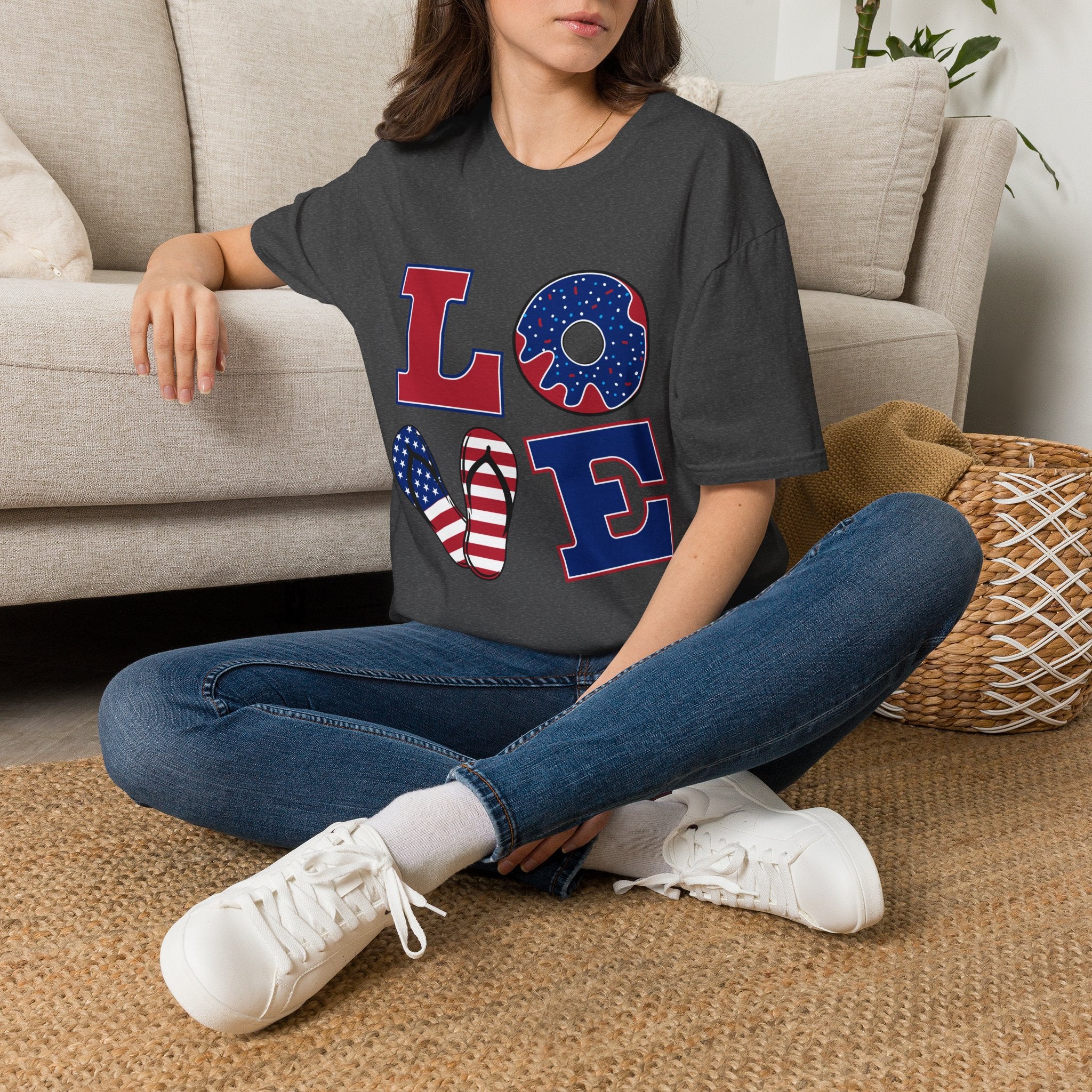 Patriotic 'LOVE' T-Shirt — American Flag Donut & Flip-Flop Graphic Tee