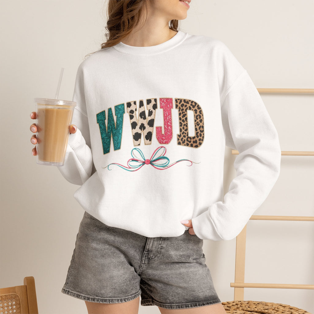 WJJD Patterned Letter Crewneck Sweatshirt — Leopard & Turquoise Accent