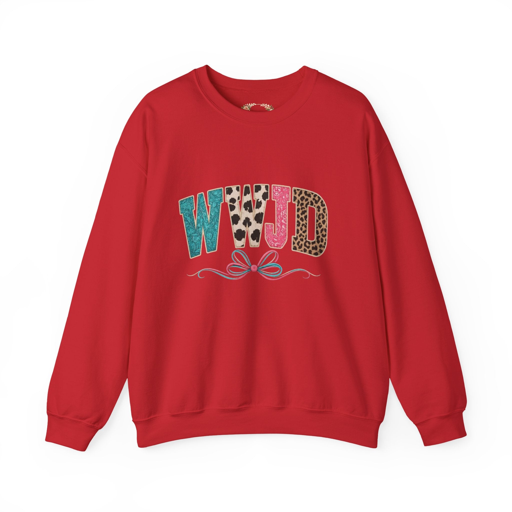 WJJD Patterned Letter Crewneck Sweatshirt — Leopard & Turquoise Accent