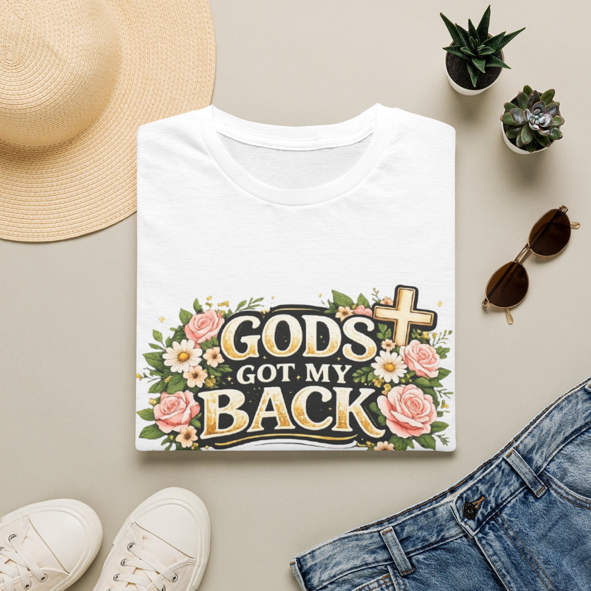 Faith T-Shirt — "God's Got My Back" Floral Cross Christian Tee