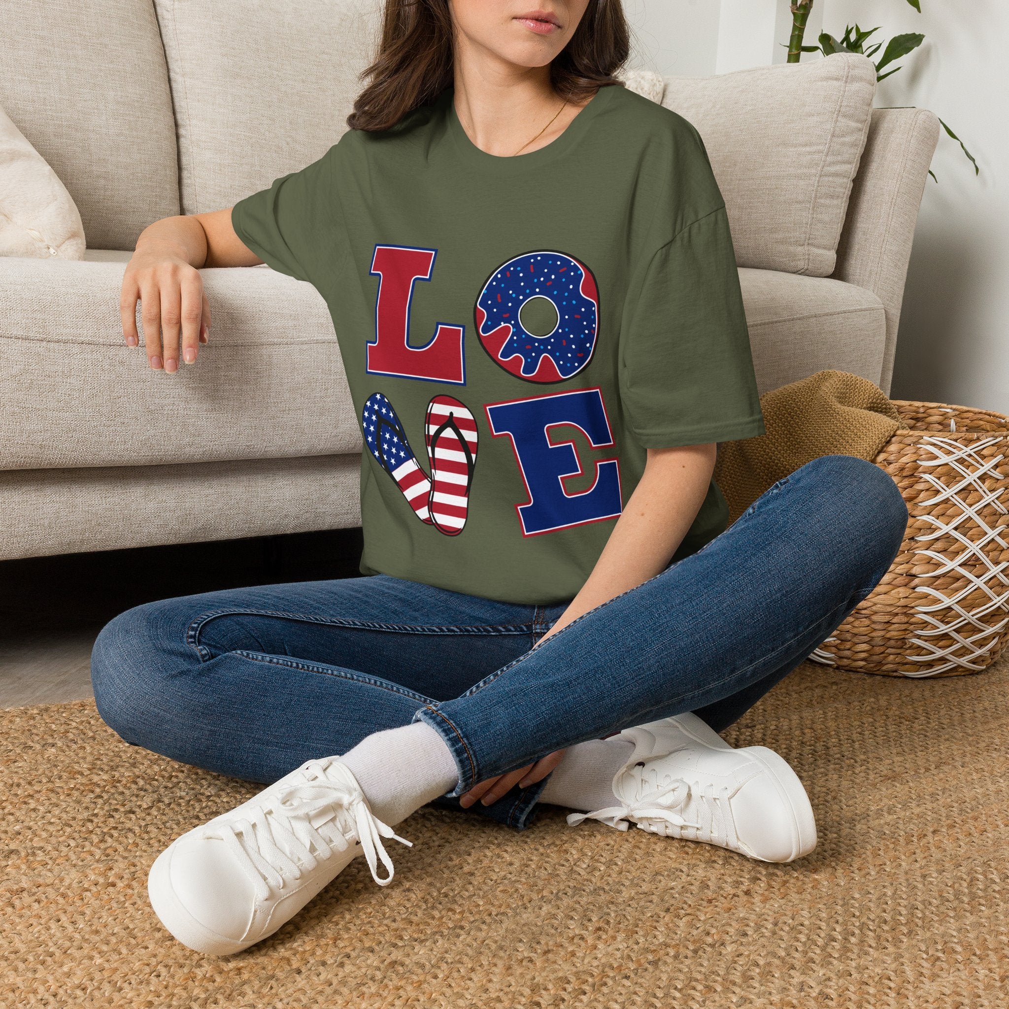 Patriotic 'LOVE' T-Shirt — American Flag Donut & Flip-Flop Graphic Tee