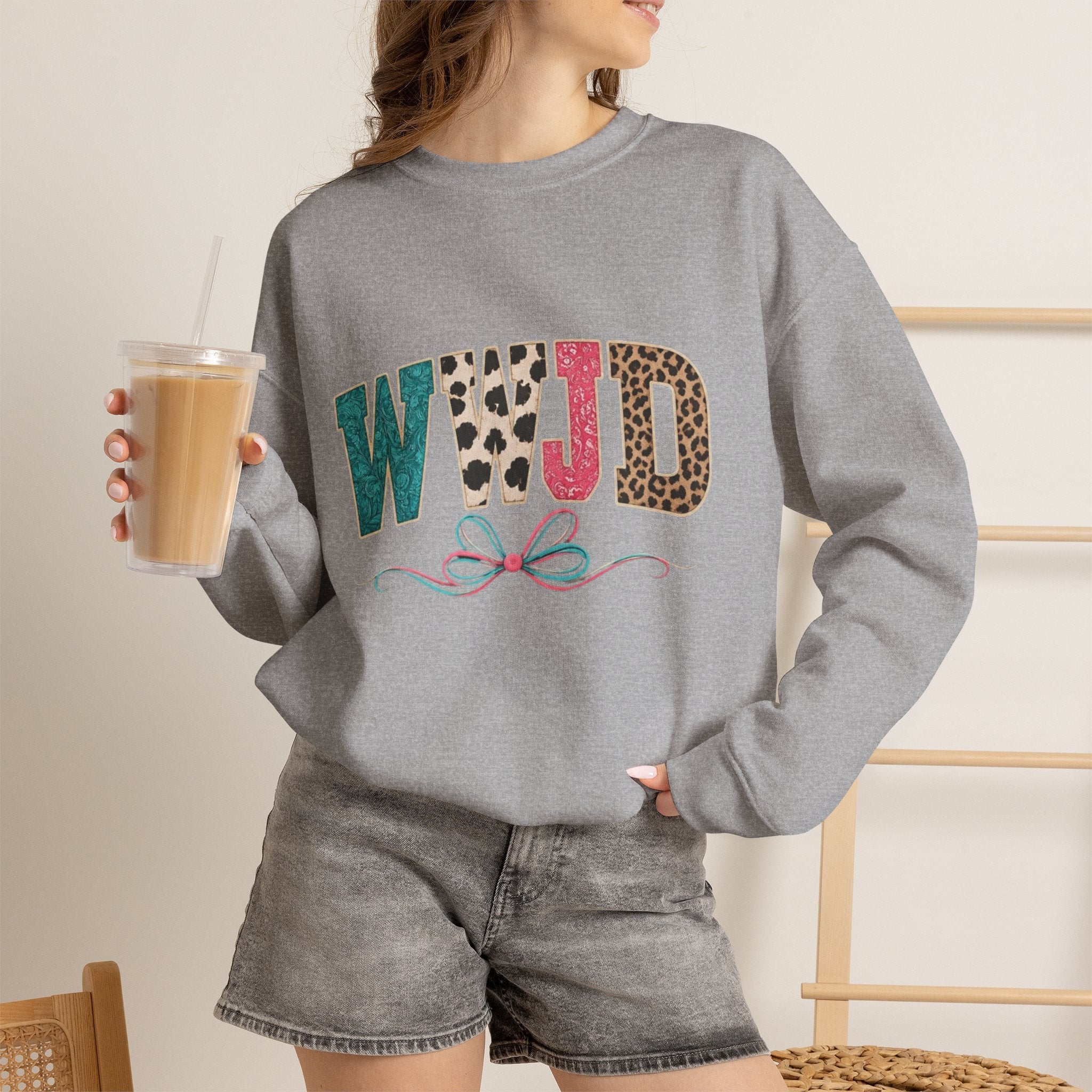 WJJD Patterned Letter Crewneck Sweatshirt — Leopard & Turquoise Accent